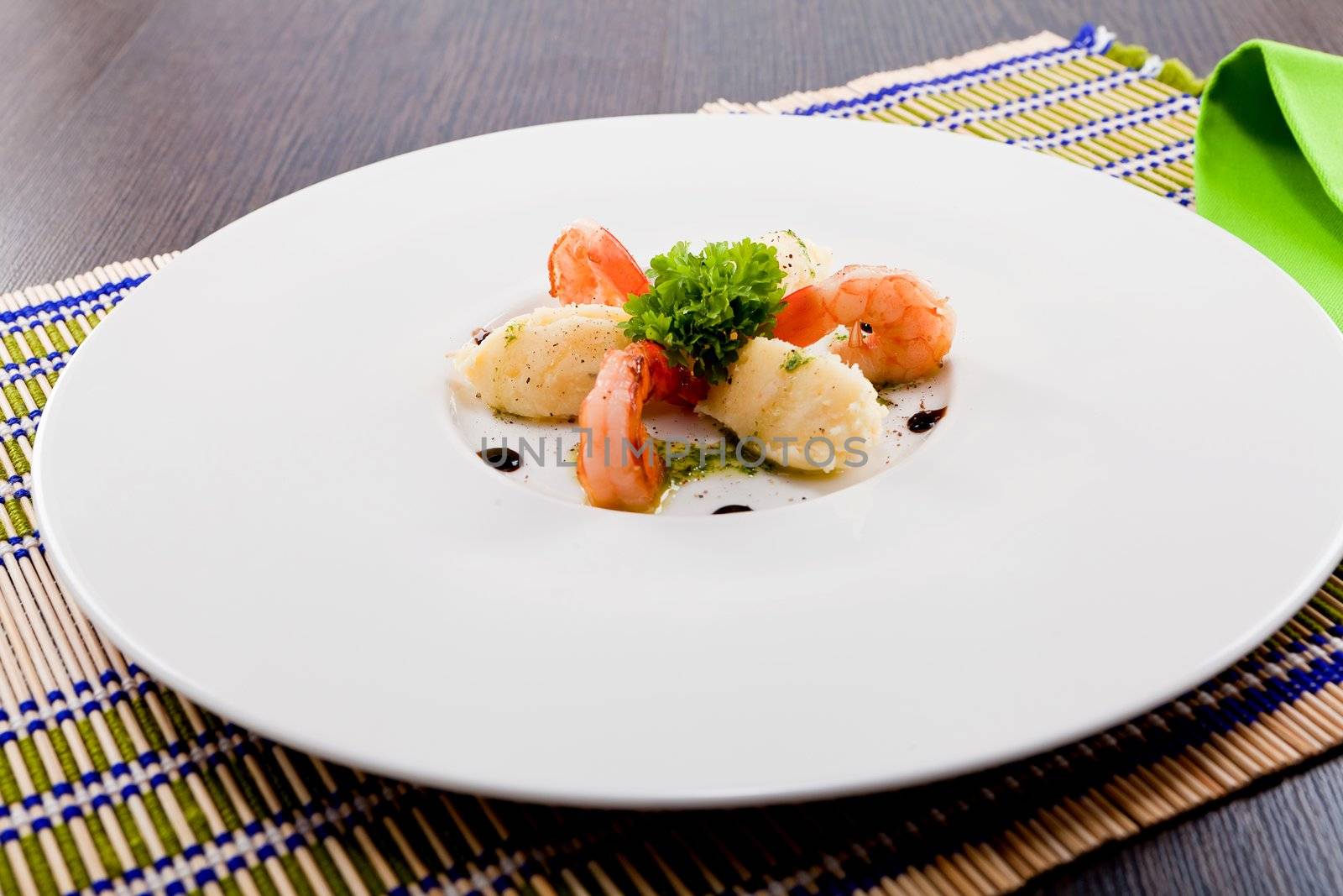 fresh tasty grilled shrimps with potato and kohlrabi puree vegetarian food