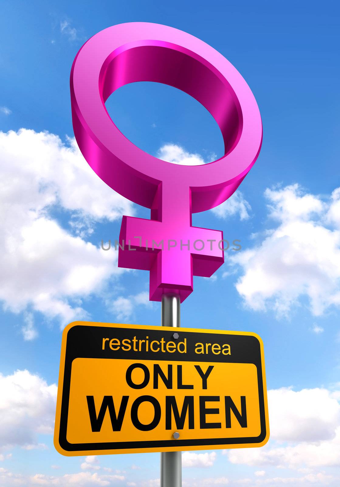 women only area road sign pink and ellow on sky background. clipping path included