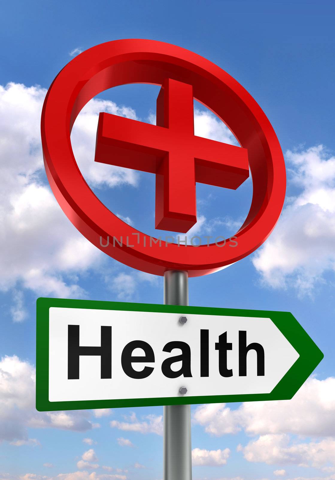 health road sign with red cross and sky backgound. clipping path included