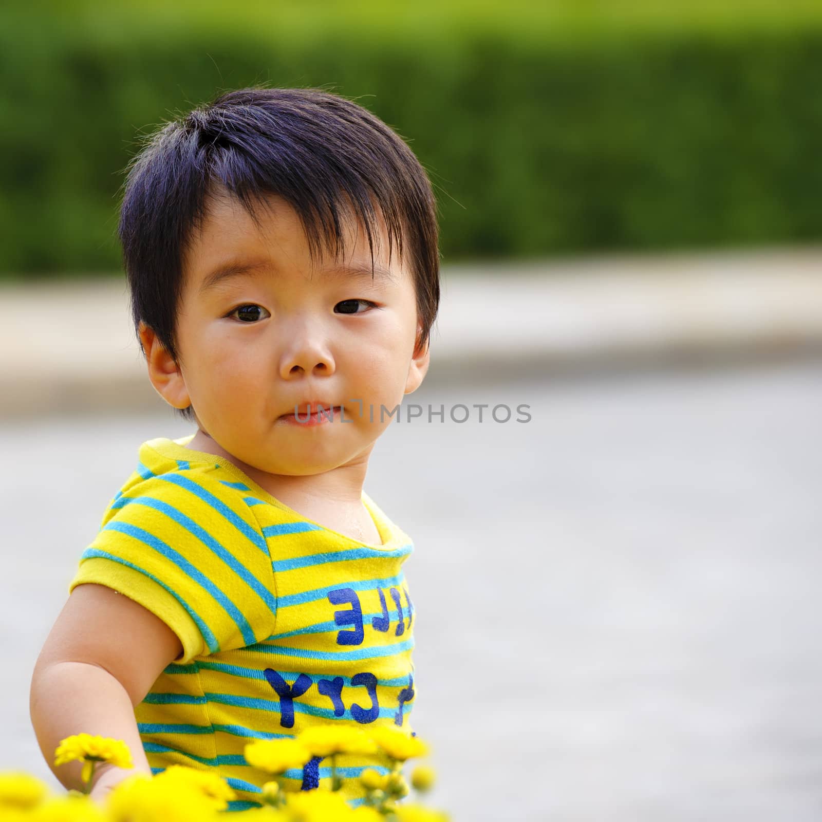 a cute baby is playing in garden