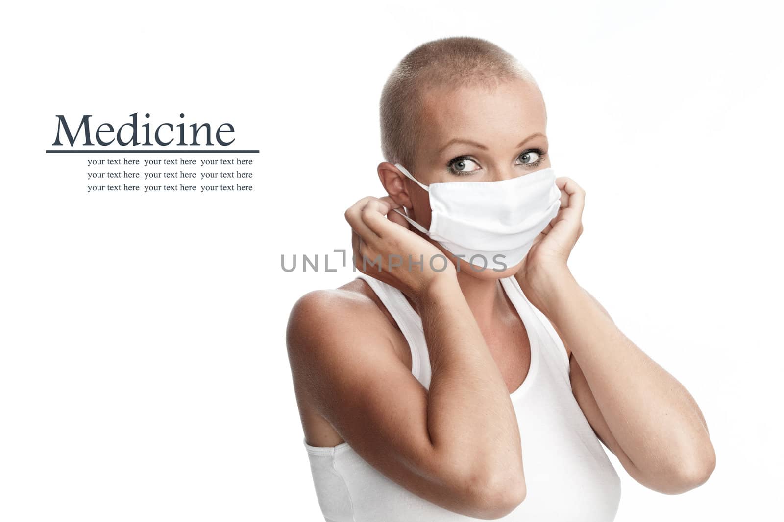 Portrait of nice young woman in surgery mask on white bac by ersler