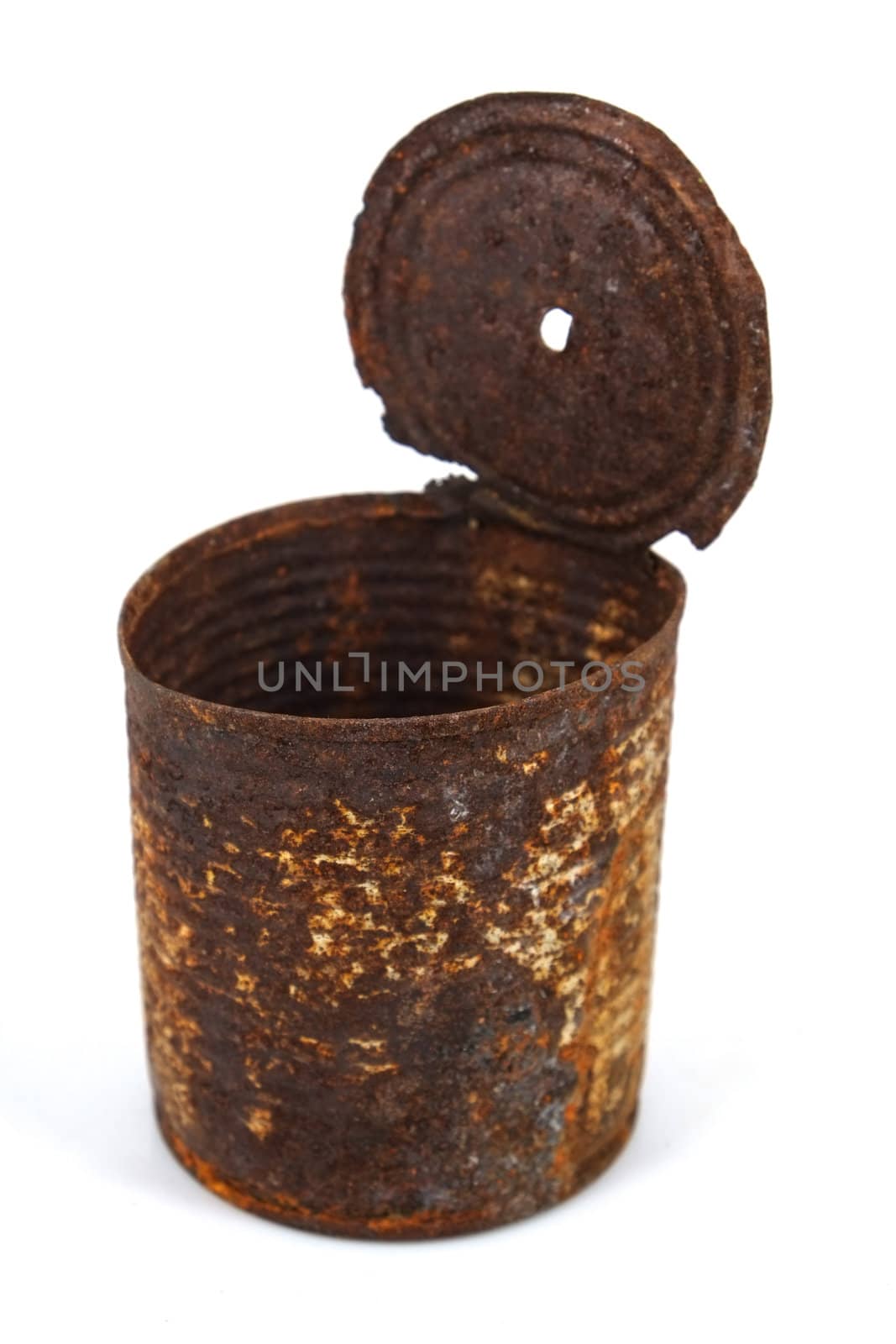 Rusty tin can isolated on white