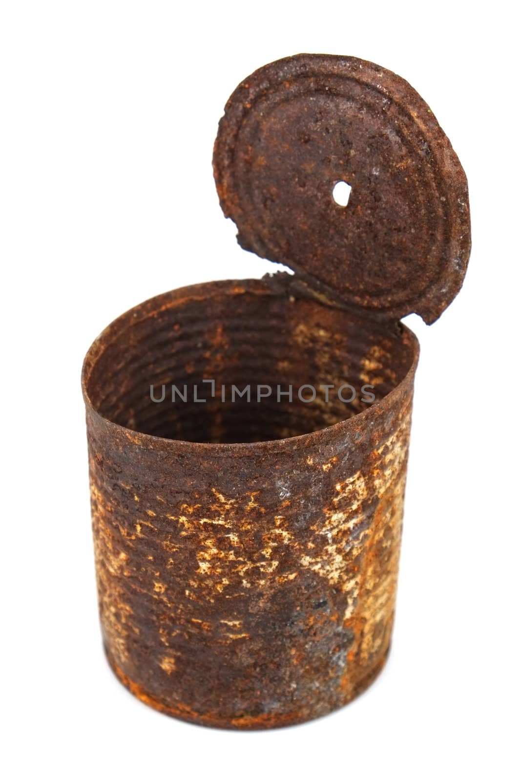 Rusty tin can isolated on white