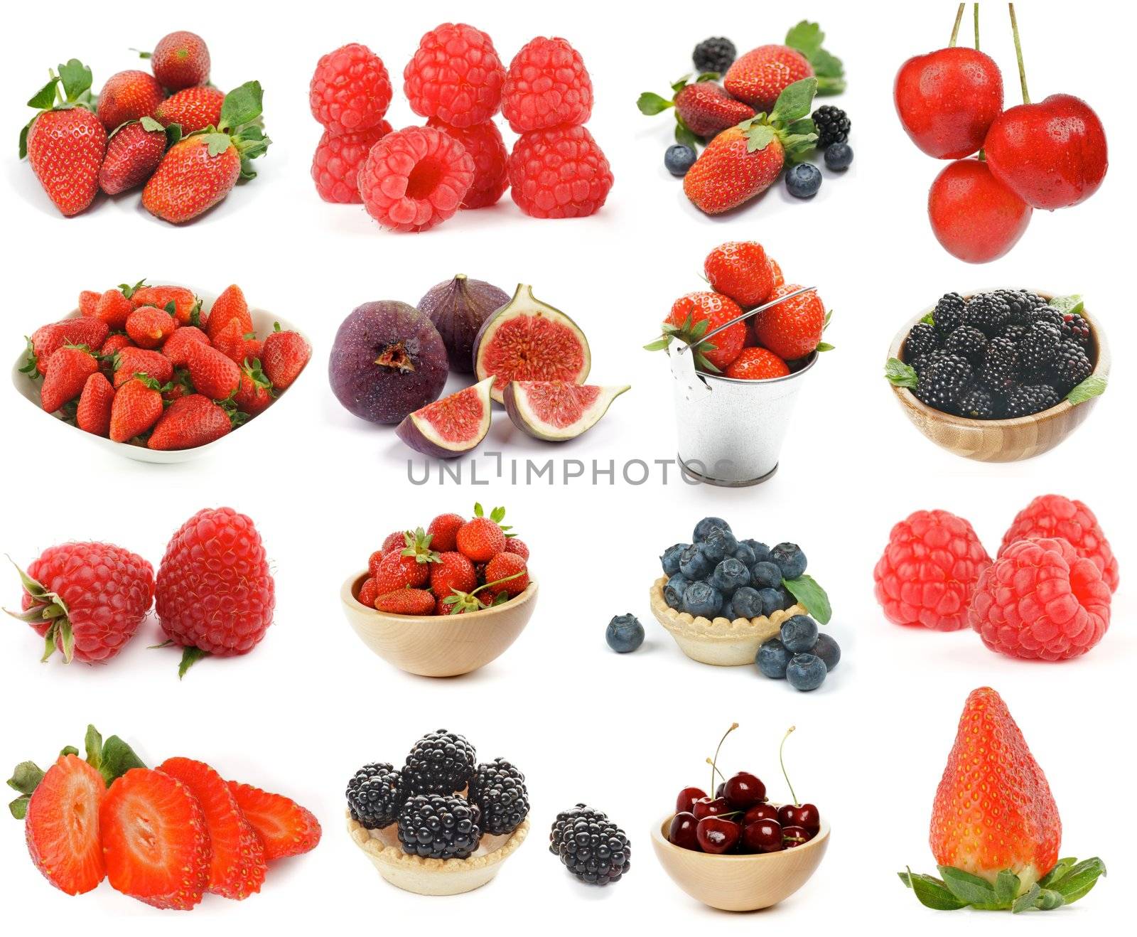 Collection of Berries with Strawberry, Raspberry, Cherry, Blackberry, Blueberry and Figs isolated on white background