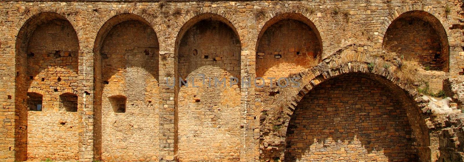 Castle fort wall in Ainsa village Aragon Pyrenees Huesca Spain