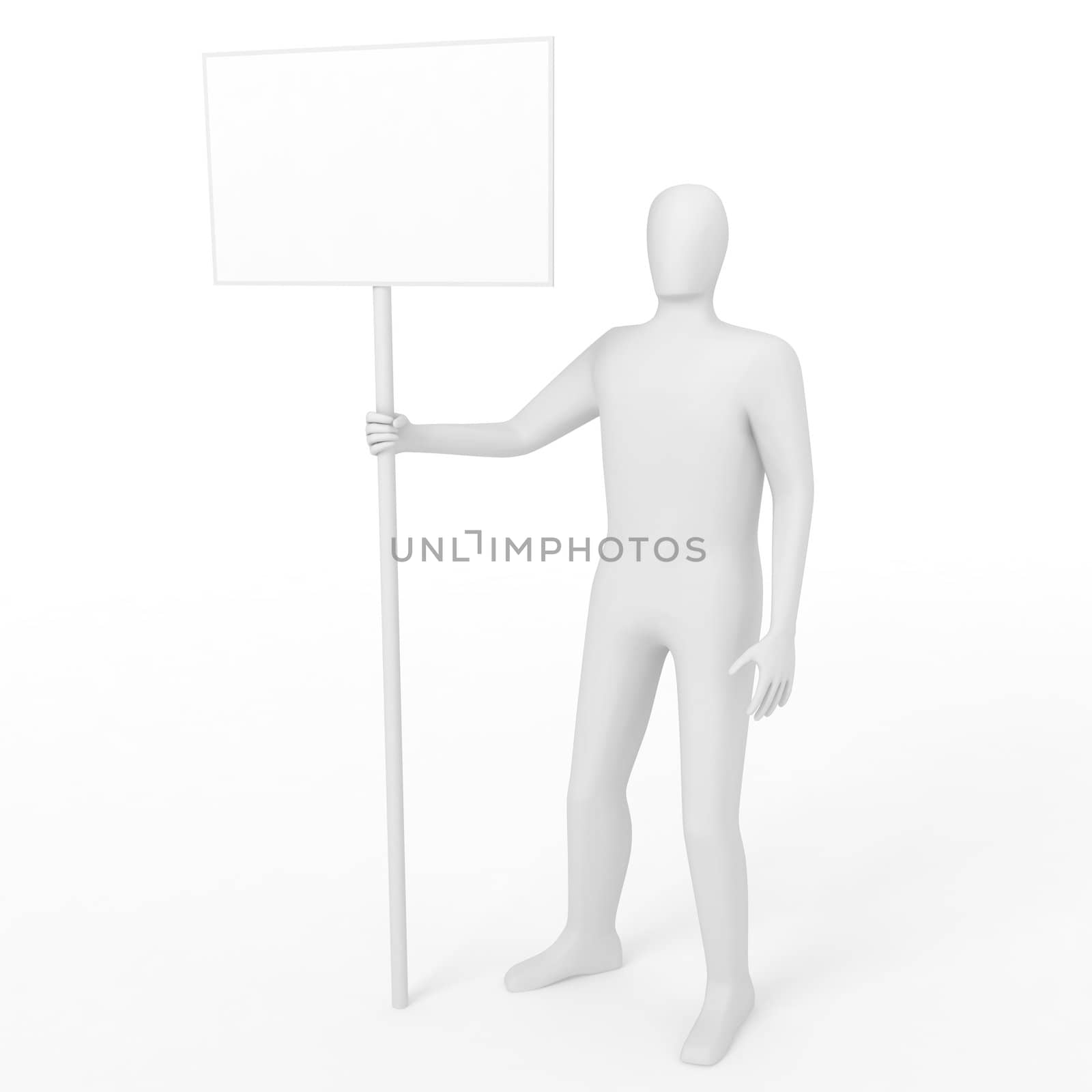 Character holds blank board. 3d render.