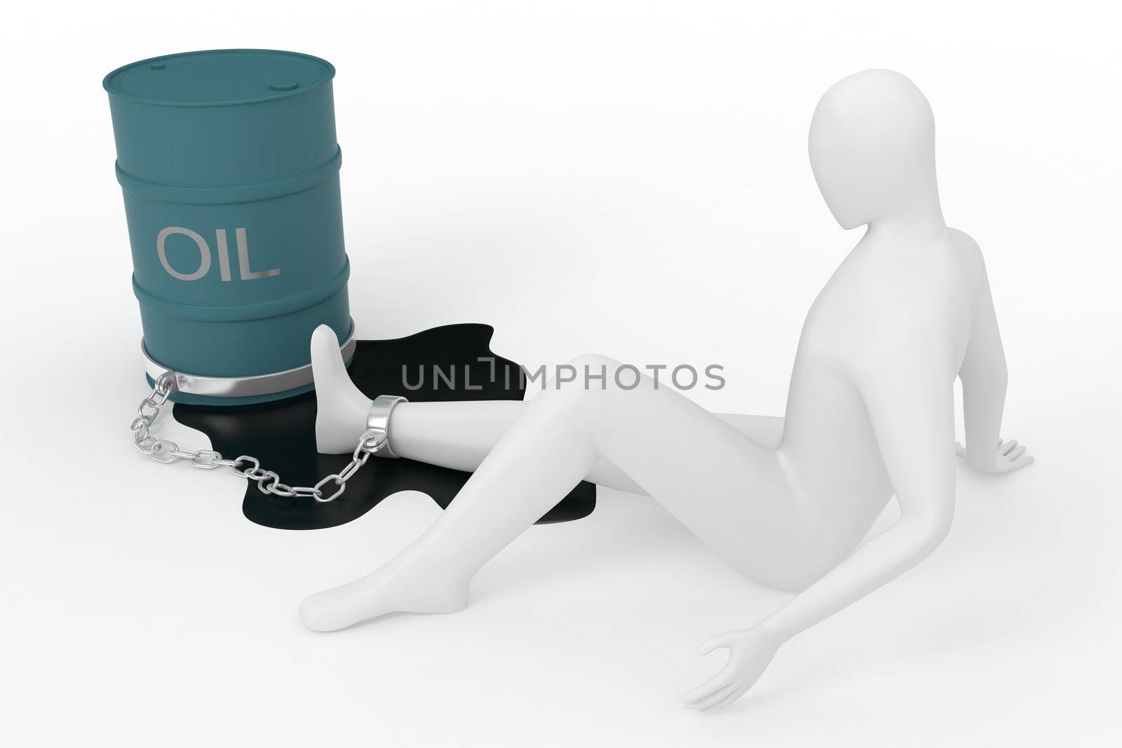 Character chained to the oil barrel. 3d render.