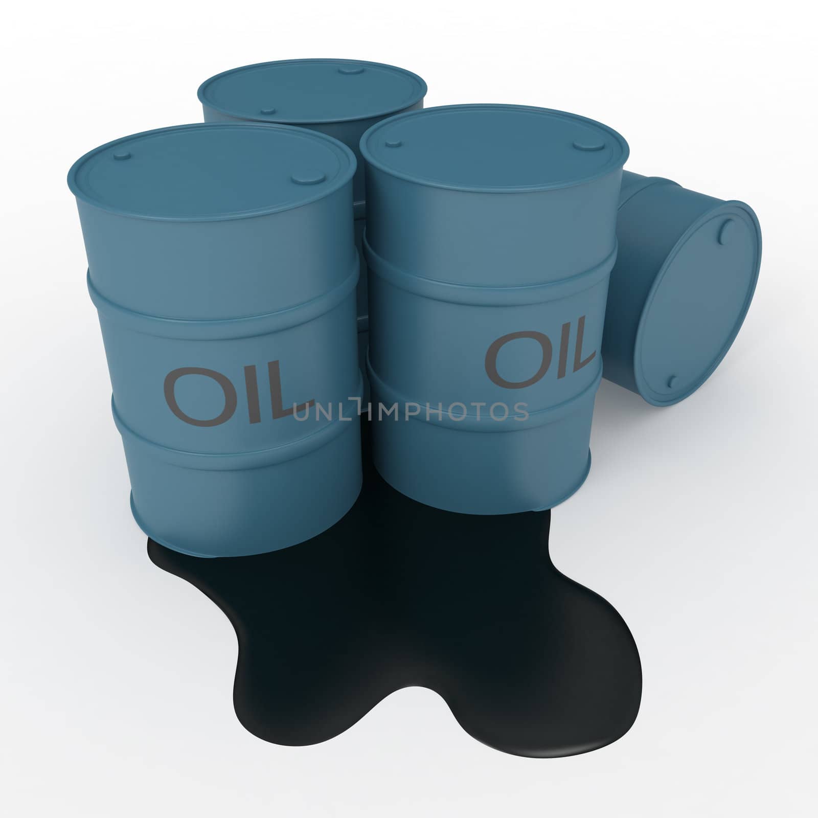 Oil blue barrels with oil leak. 3d render