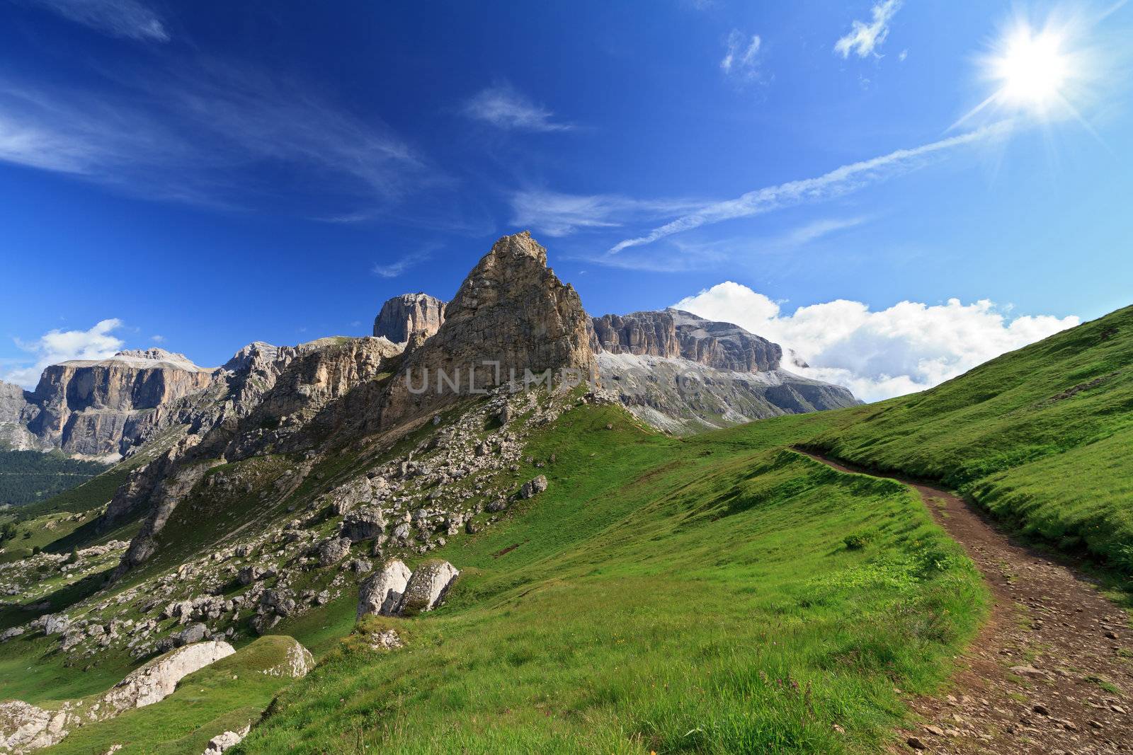 view of Italian Dolomites with Sella Group and Saas Pordoi mountain
