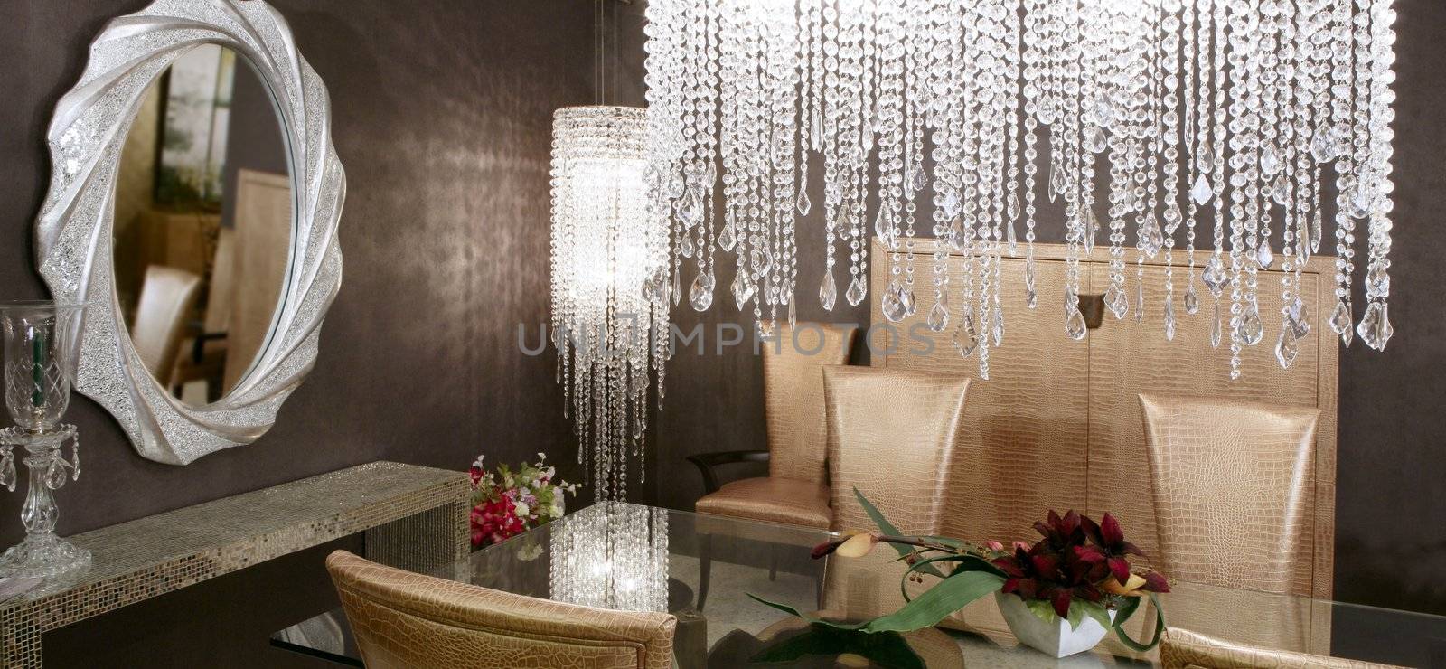 dining room modern crystal strass lamp and crocodile golden chairs