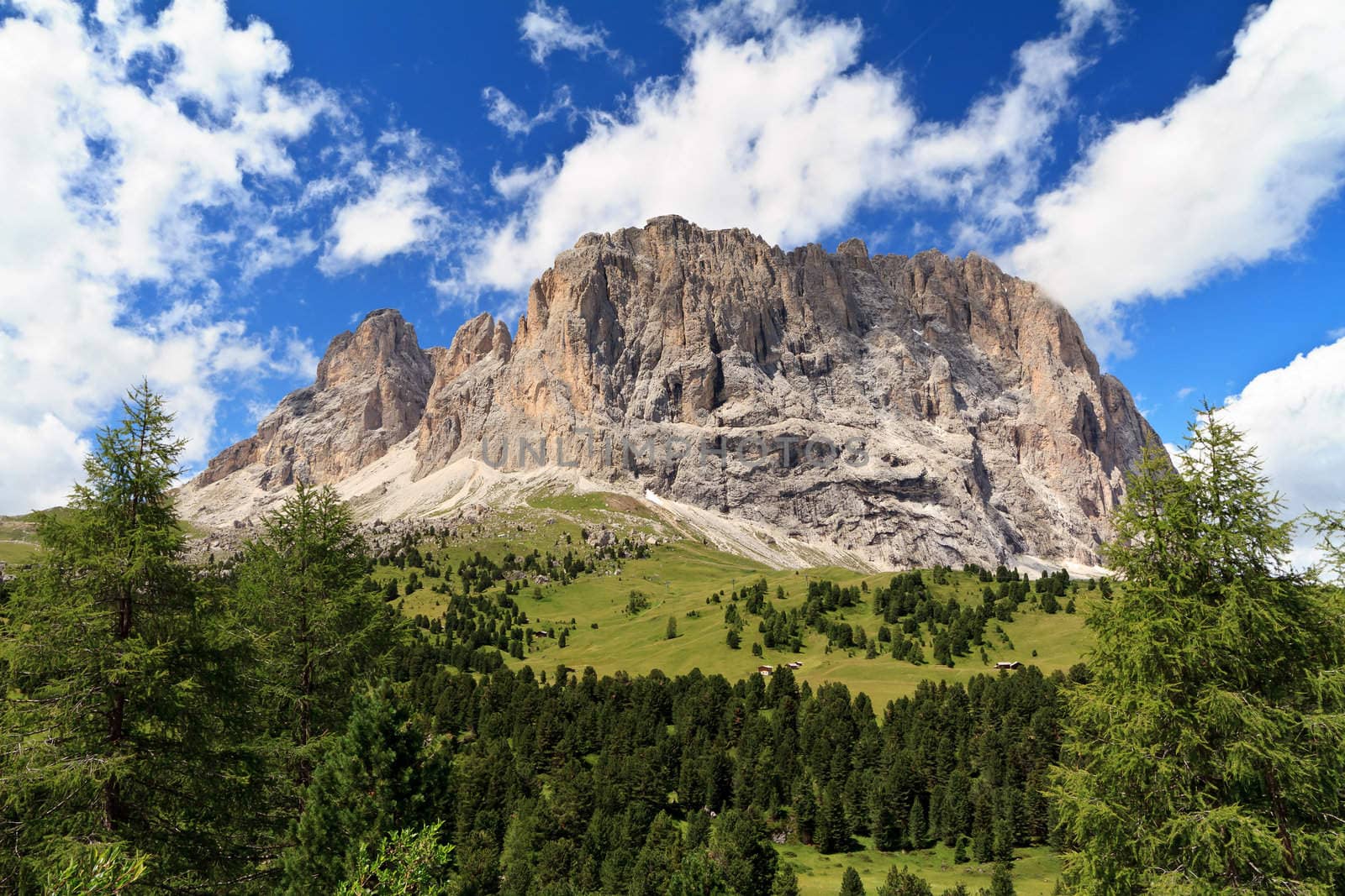 Sassolungo mount on summer from Gardena valley, Italian Dolomites