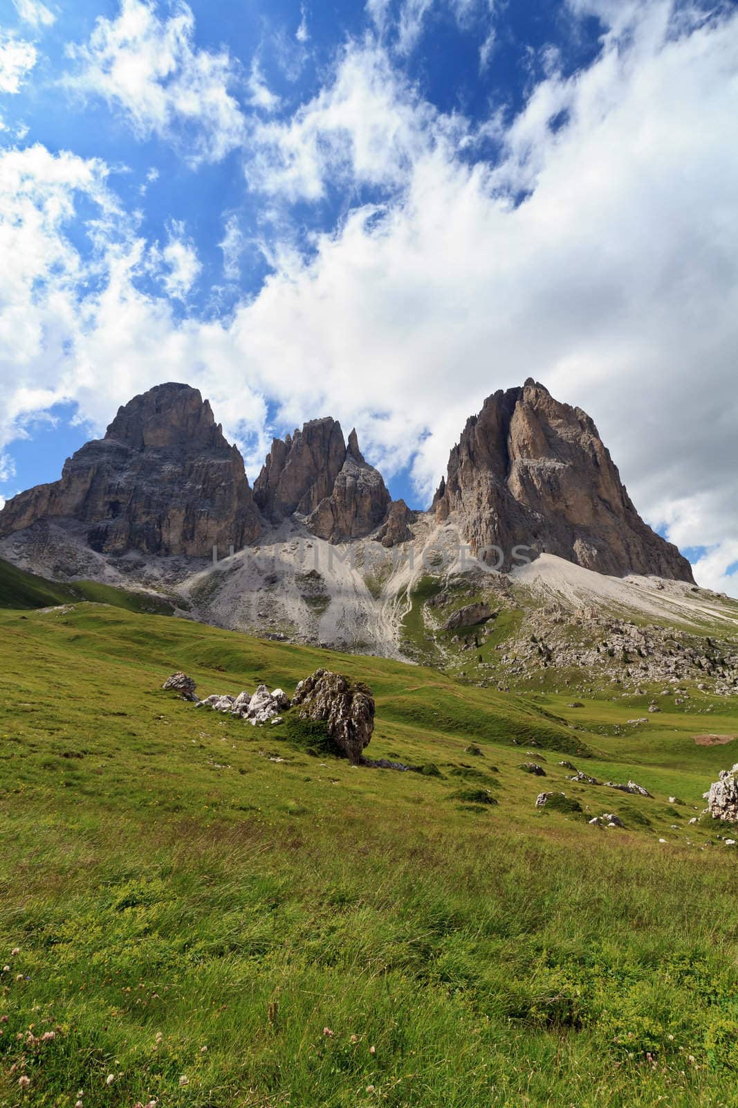 Sassolungo mount on summer from Fassa valley, Italian Dolomites