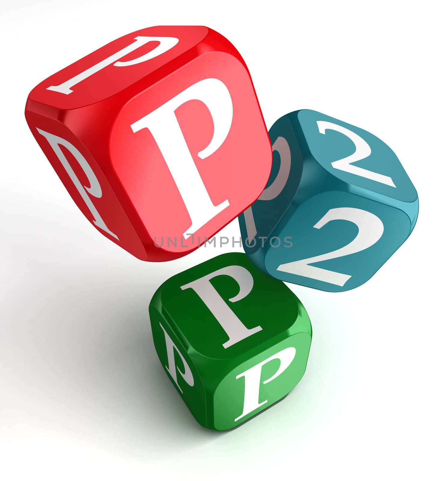 p2p word on red blue and green dice cube on white background