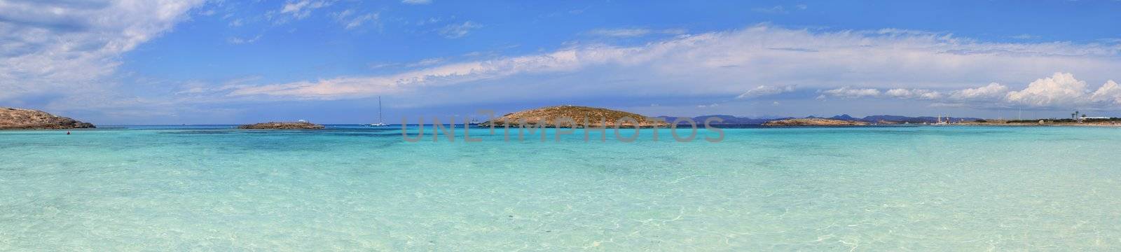 Panoramic Illetas view turquoise Mediterranean horizon Formentera Balearic islands Illetes