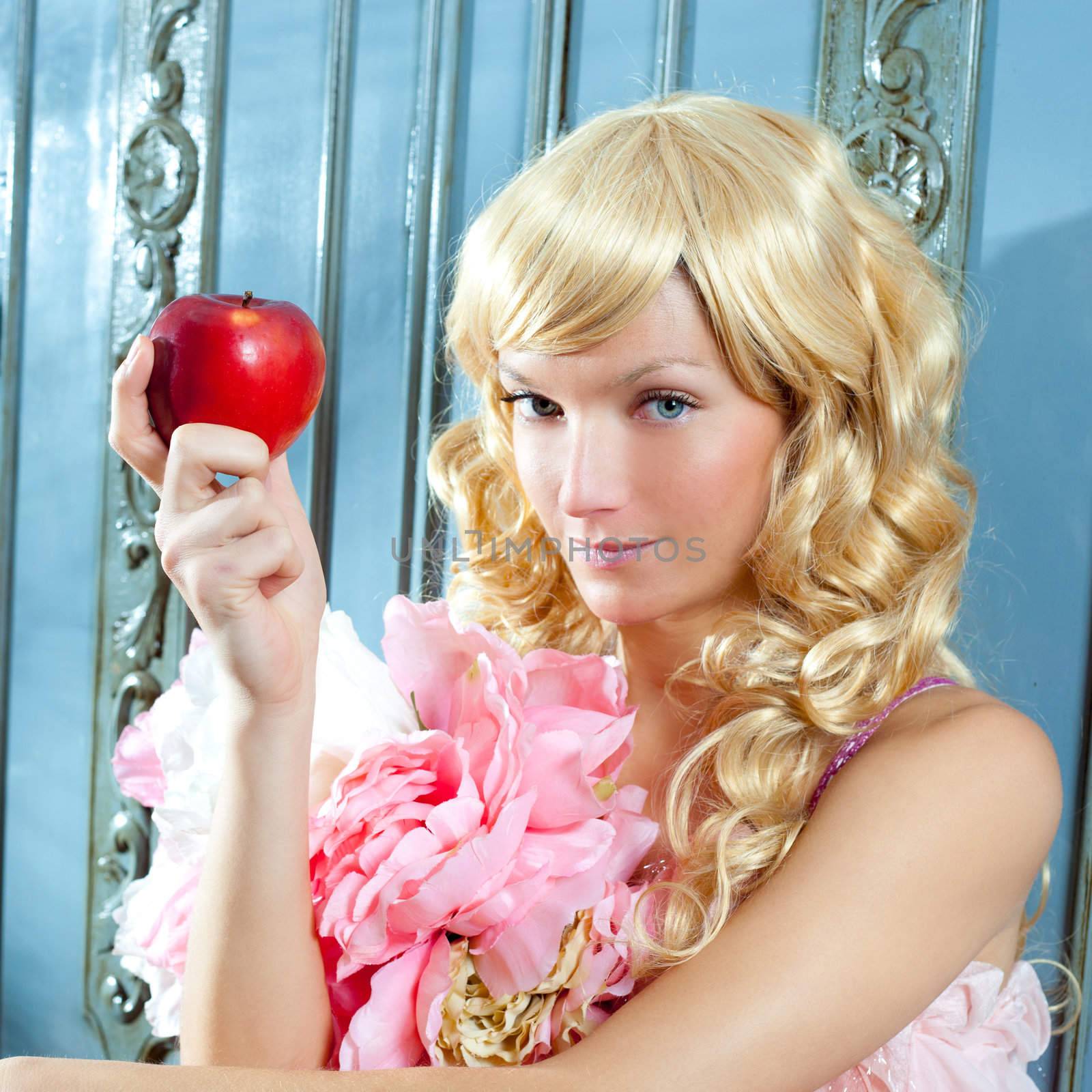blond fashion princess eating apple with flowers dres by lunamarina