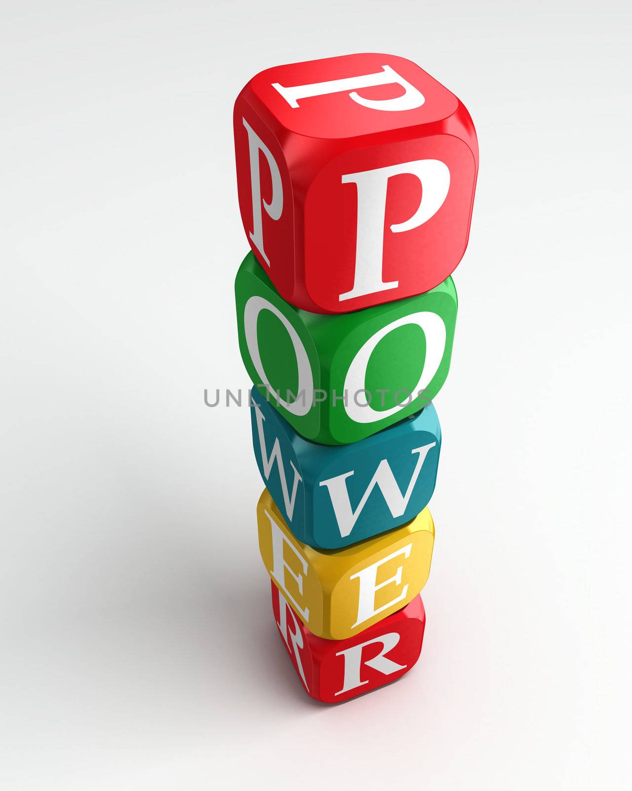 power 3d colorful buzzword dice tower on white background