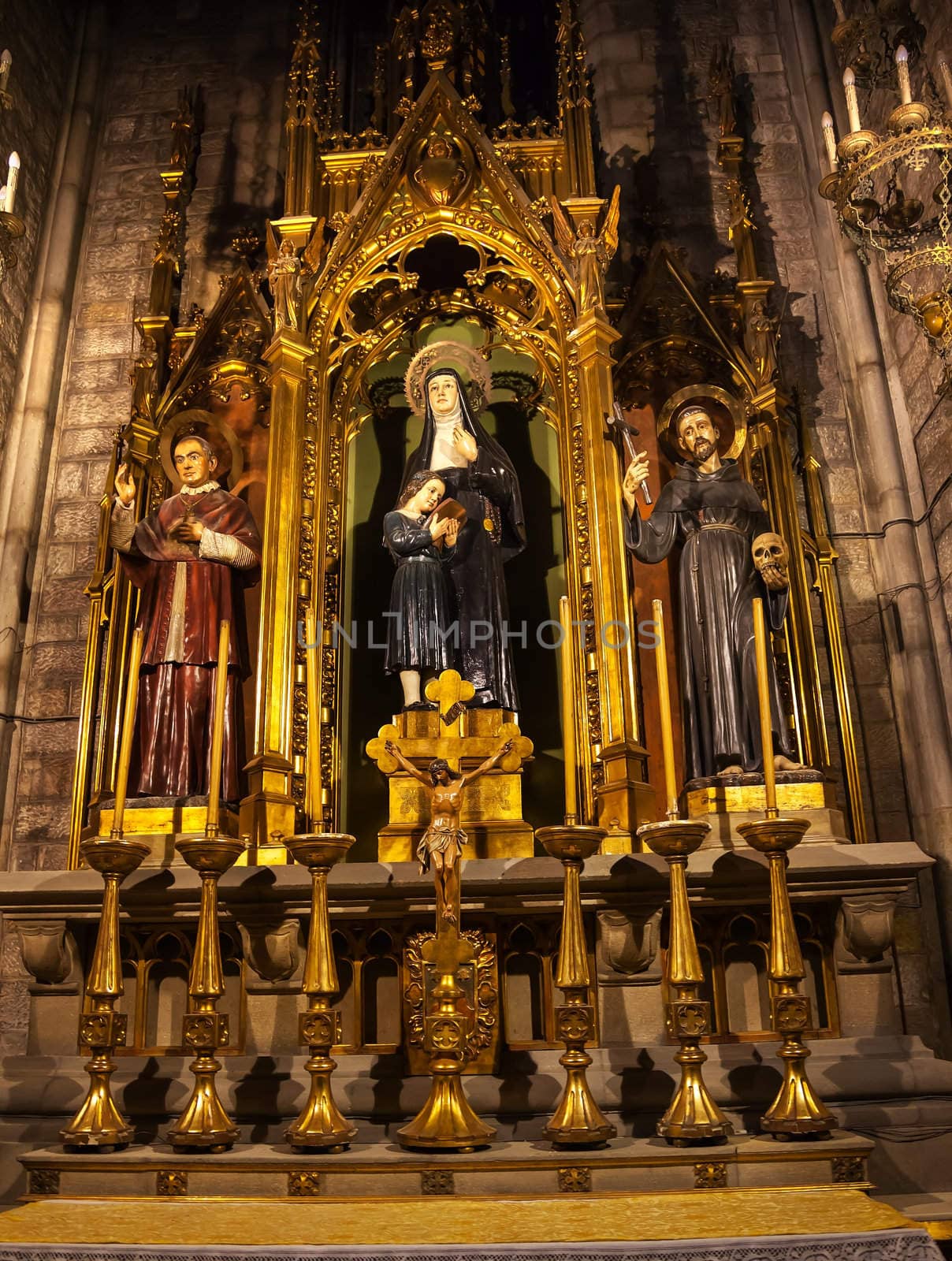 Saints Joaquima de Vedruna, Francis of Assisi, Anthony M. Claret, St Maria del Pi, Saint Mary of Pine Tree, Barcelona, Catalonia, Spain. St Joaquima, founder of Carmelit Sisters, and Saint Mary Claret was the confessor to Queen Isabella II of Spain.  Saint Maria del Pi, Saint Mary of the Pine Tree, church in Barceolona Spain, founded in 987 or earlier.