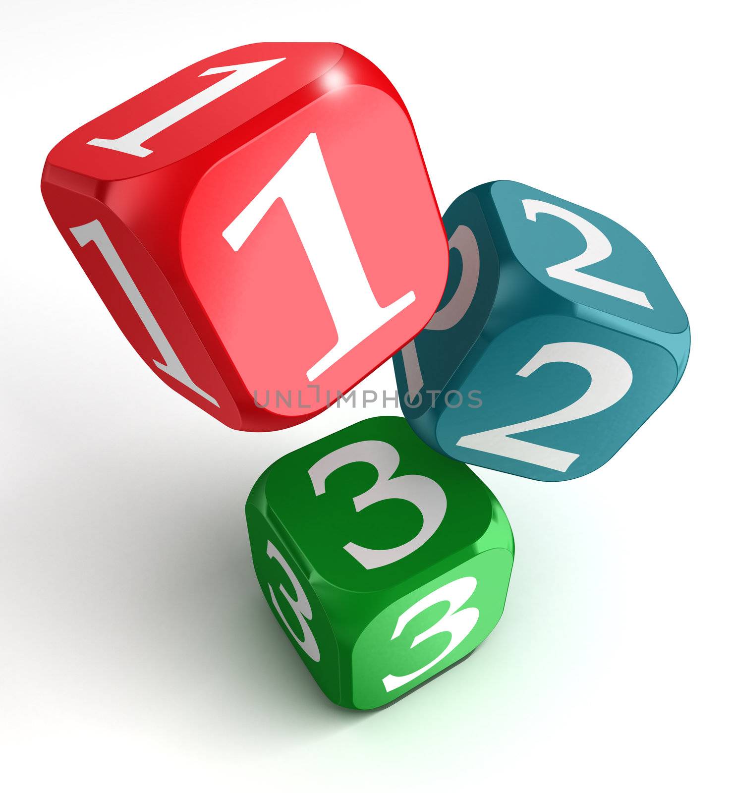 one two three numbers on red blue green box on white background