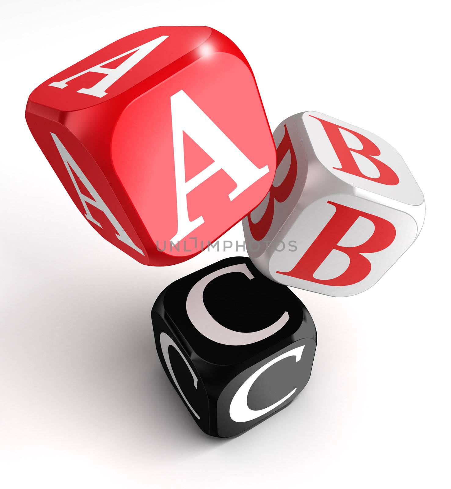 A,B and C on red, white and black box on white background