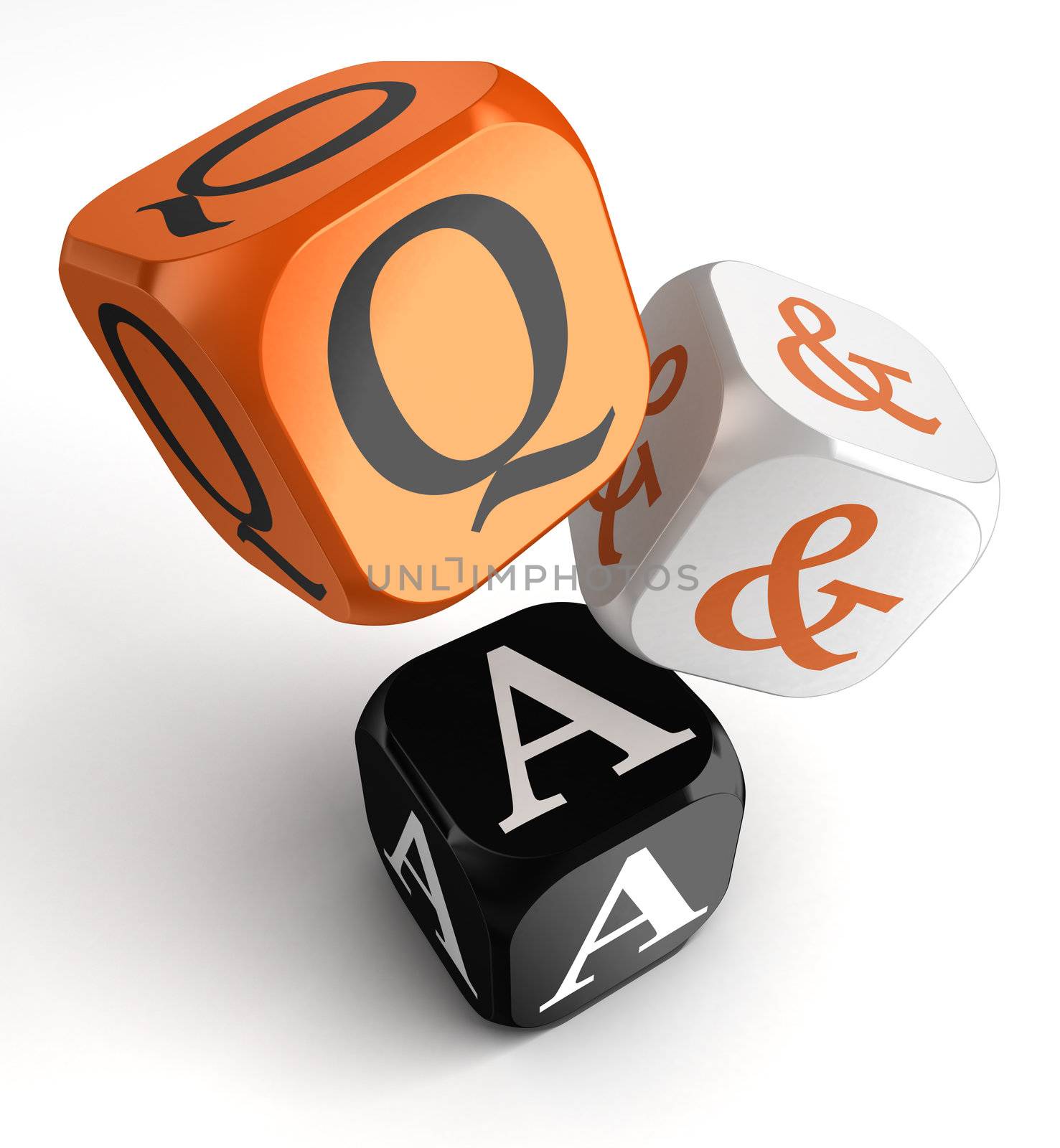 questions and answers orange black dice blocks on white background. clipping path included