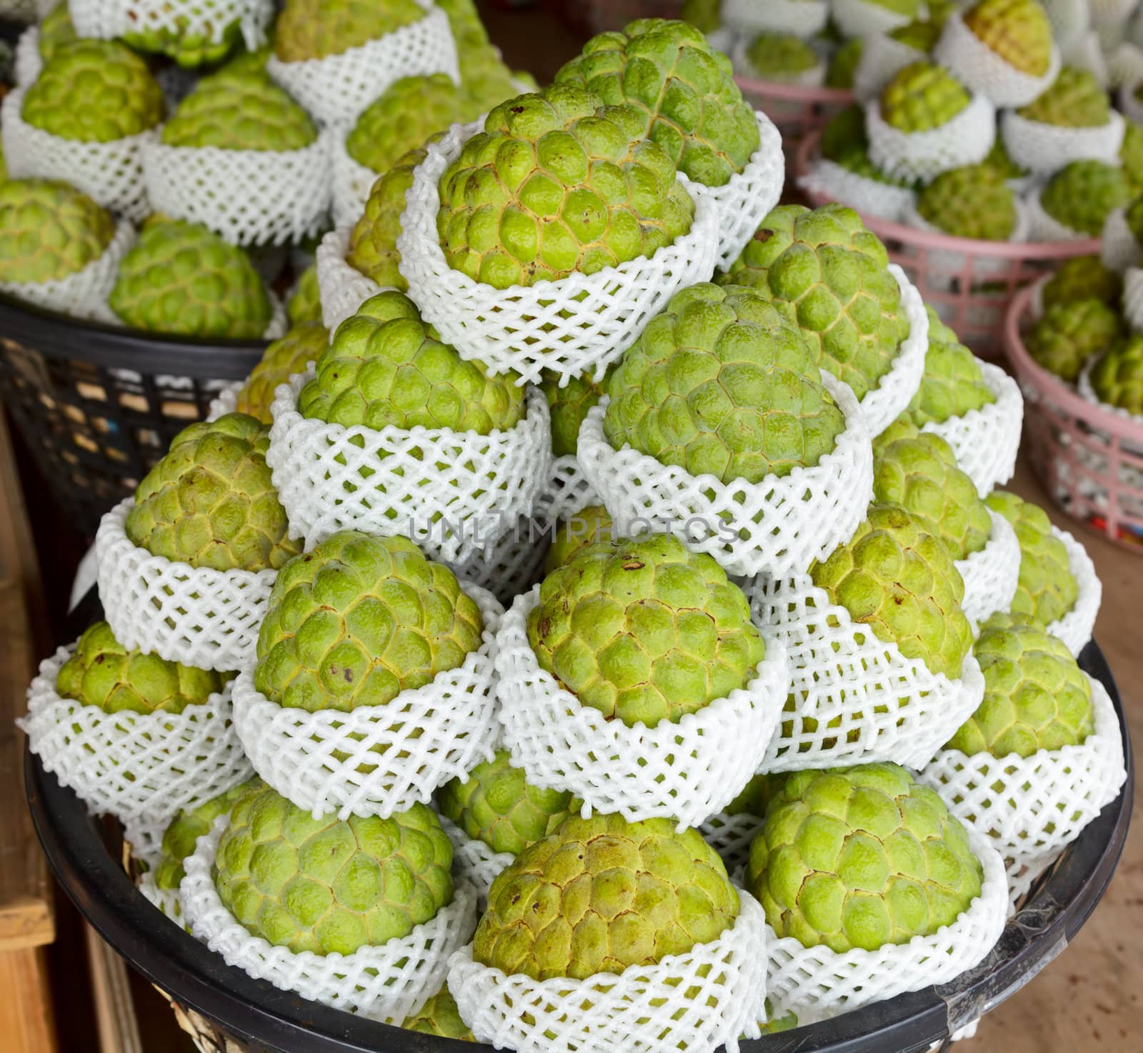 Freshly harvested Custard apples or Buddha Head Fruits at a market in Taiwan