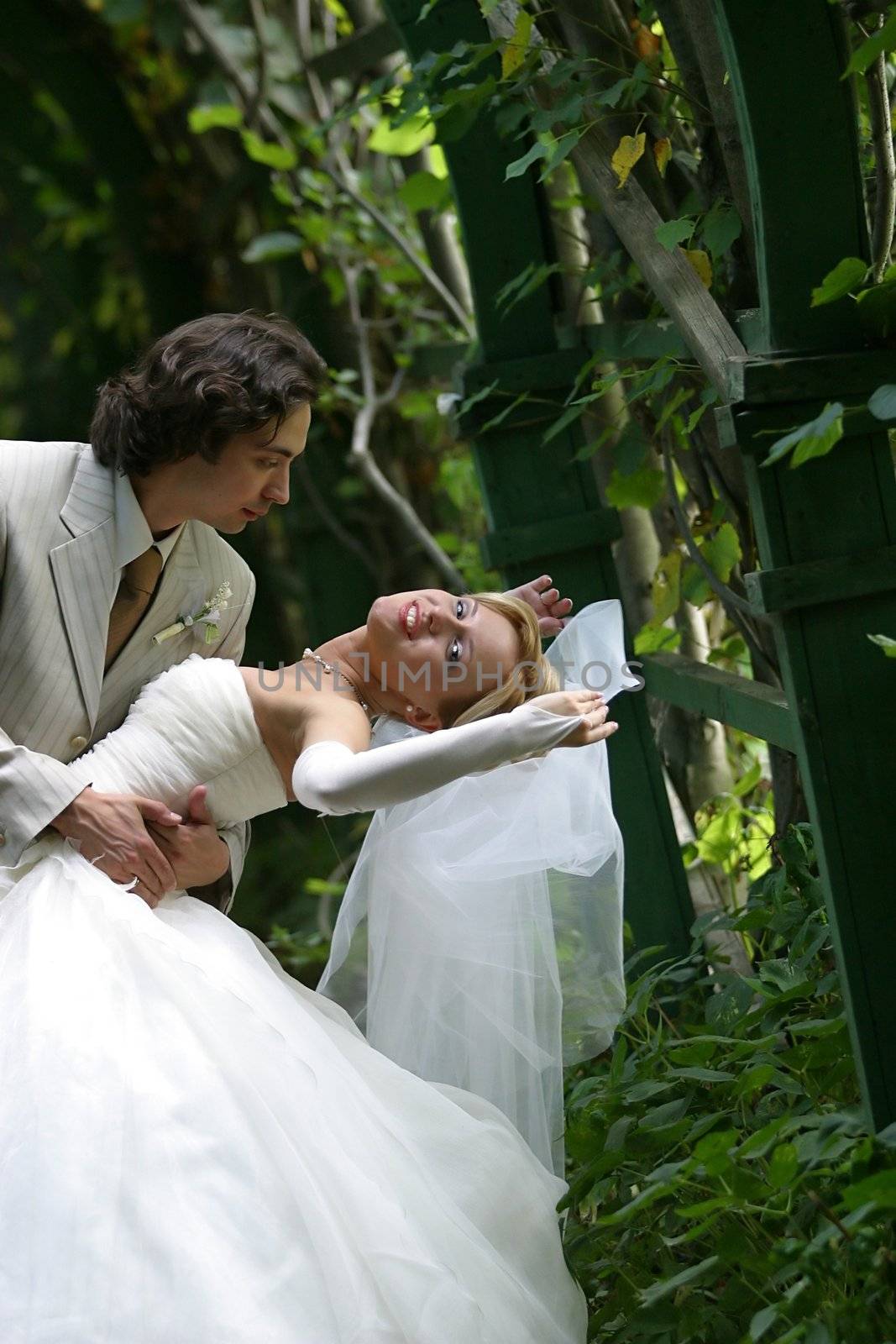 The bride and the groom in park