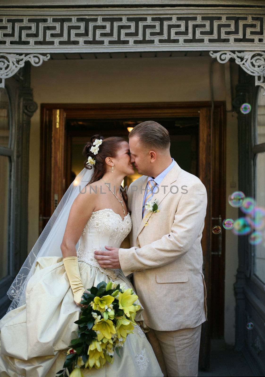 Happy newly-married couple on a background a door