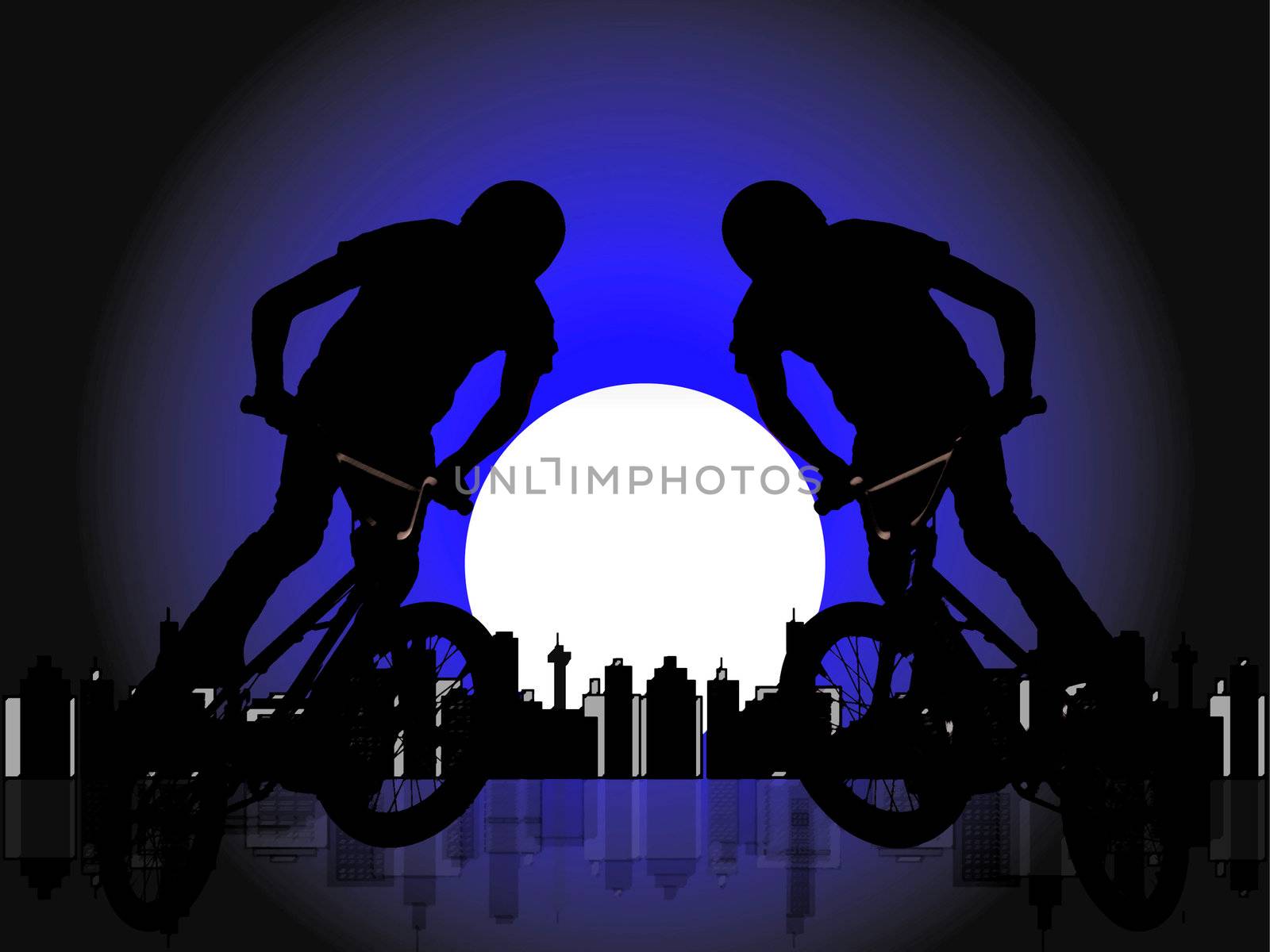 Silhouette of biker boy on cityscape illustration