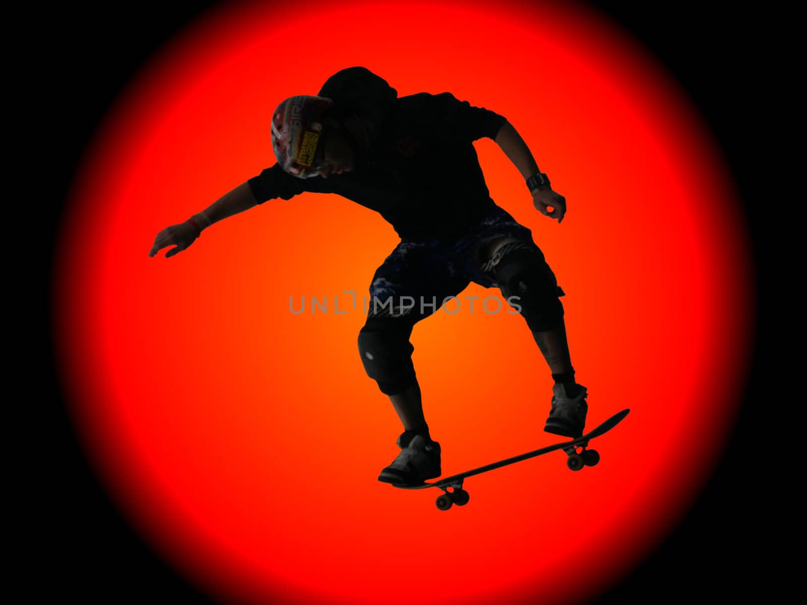 Skateboarder silhouetted against a huge sun by illu