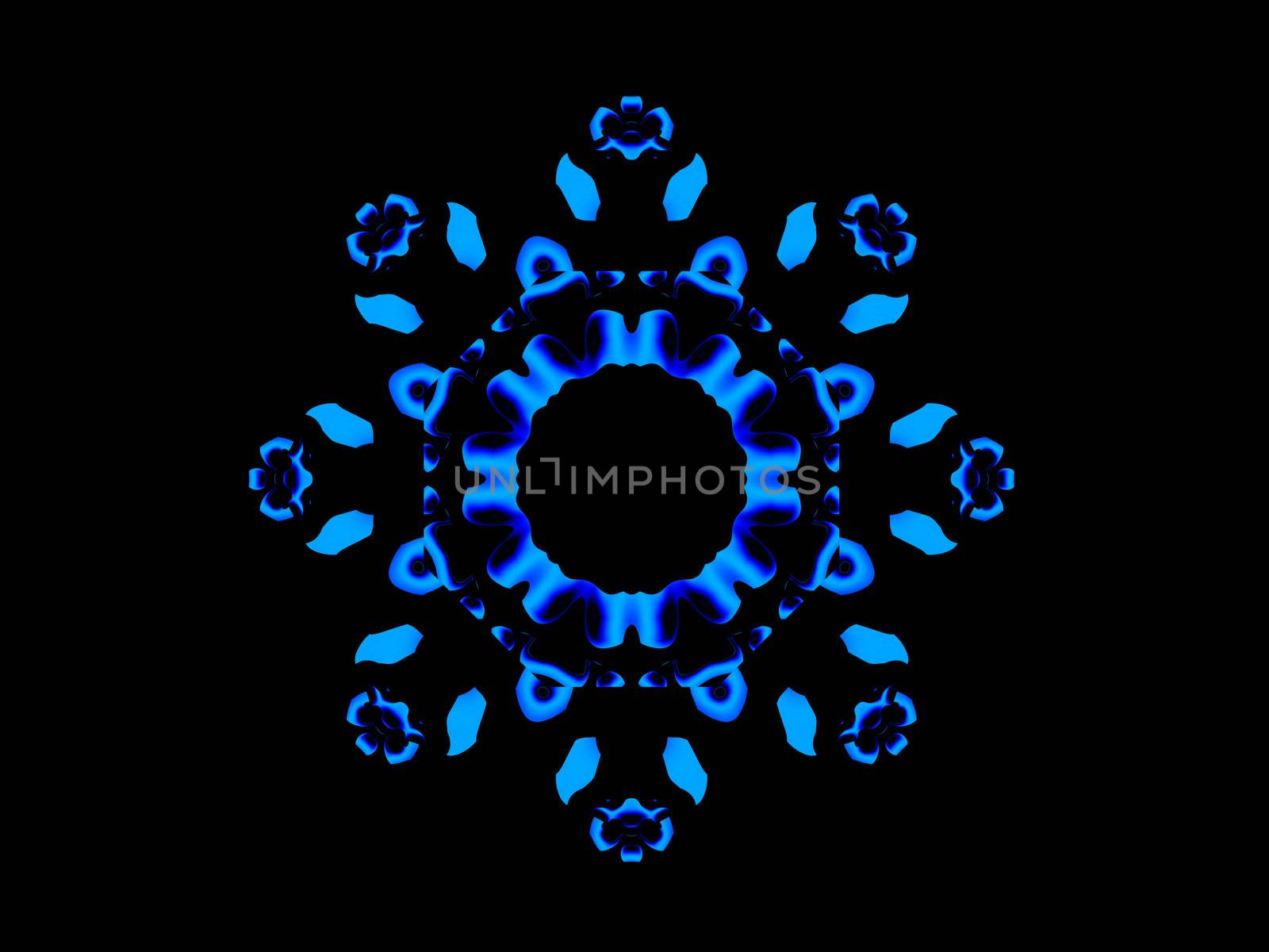 An abstract blue illustration that is a mandala made of floral components.