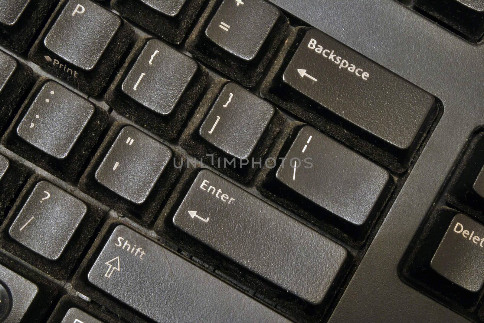 Closeup of black computer keyboard viewed from above