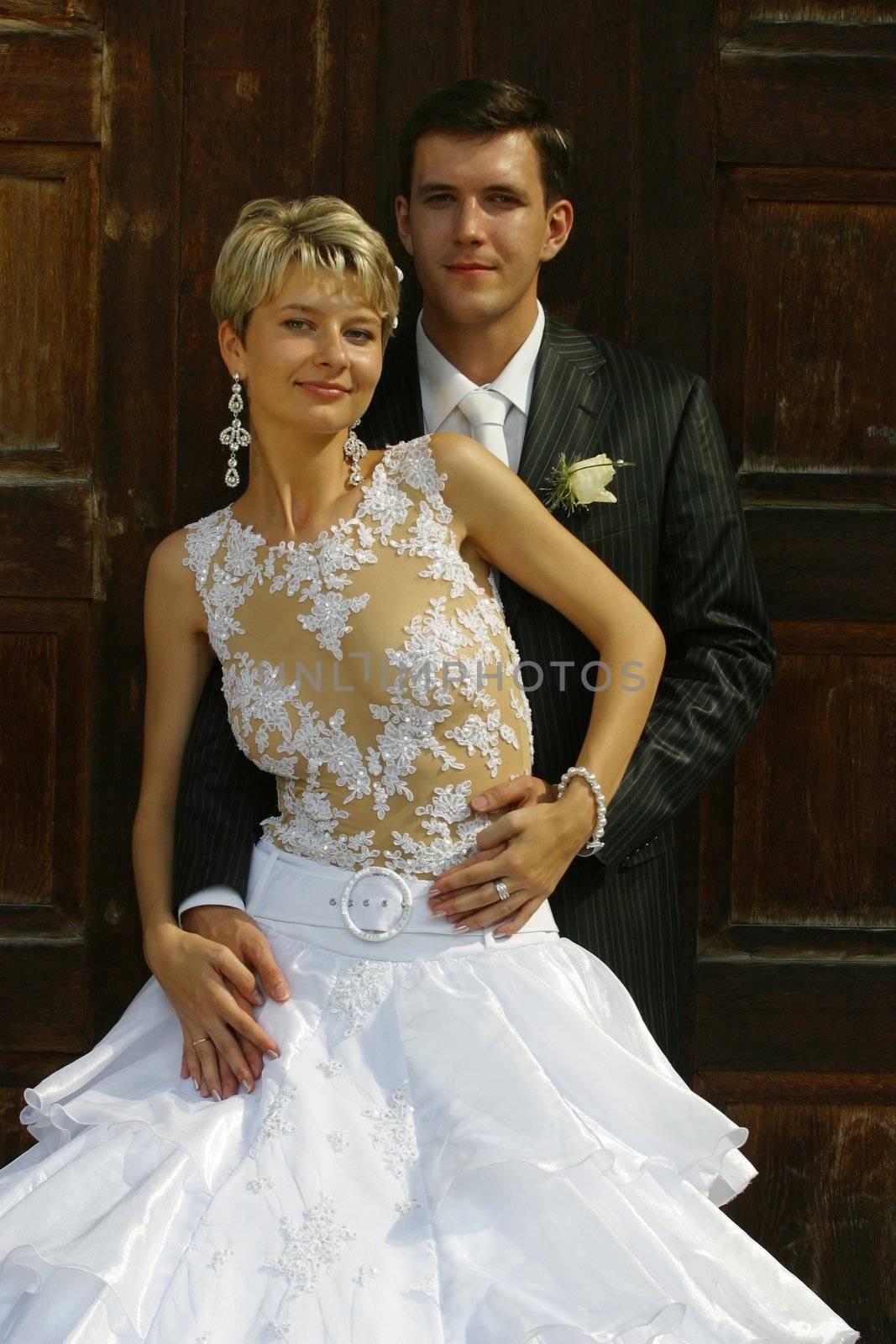 Beautiful newly married pair on a background of a wooden door