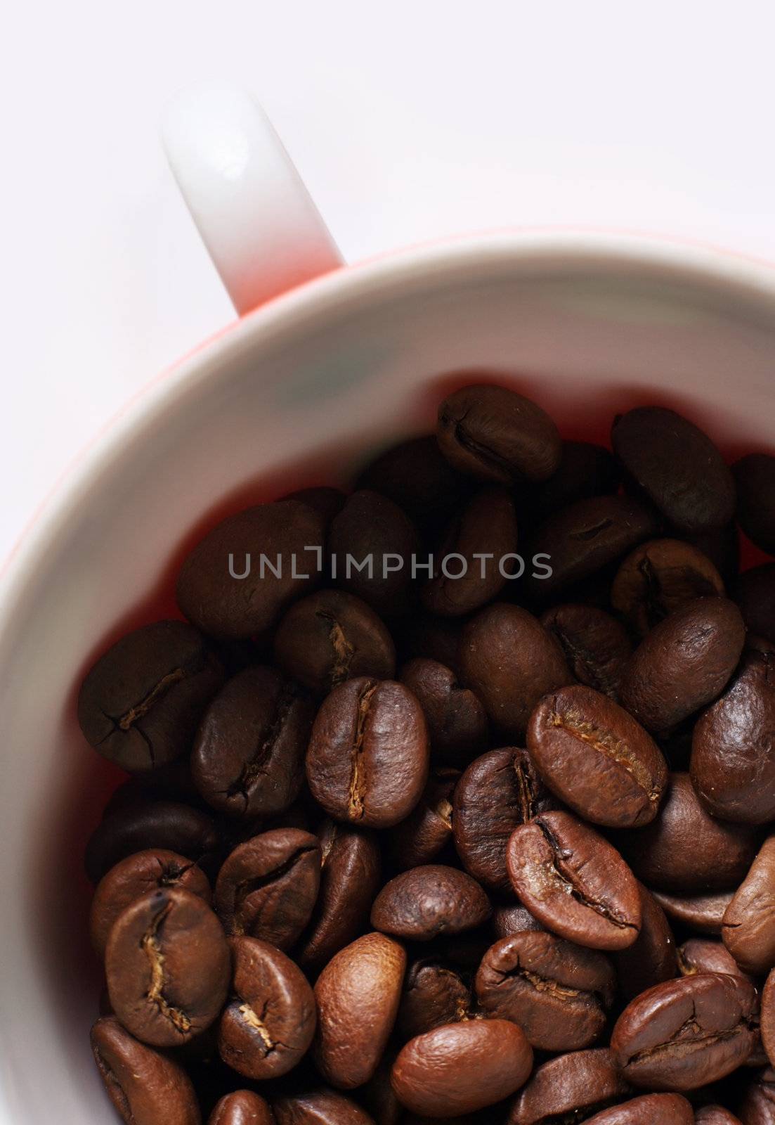 Grains of coffee in a white bowl. Macro-ring