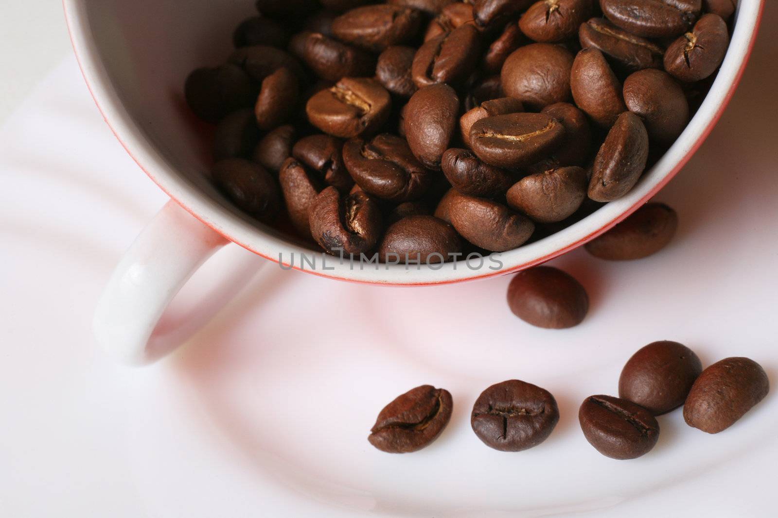 Grains of coffee in a white bowl. Macro-ring