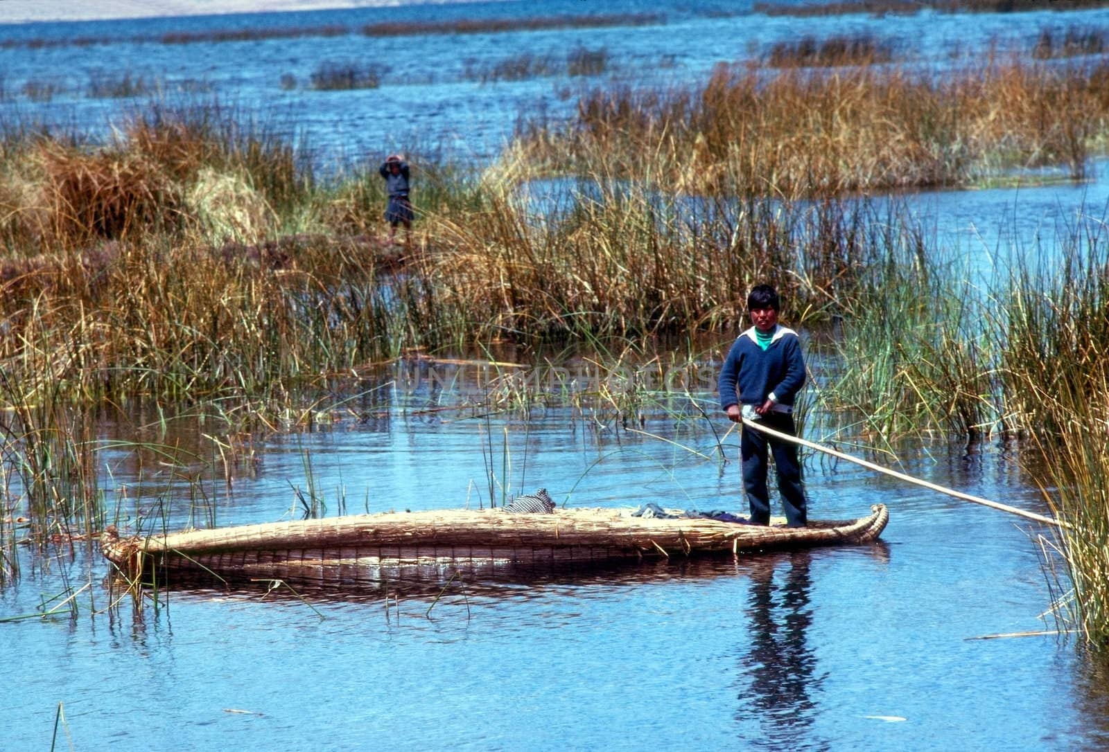 Lake Titicaca in Peru with floating islands made from totora reeds