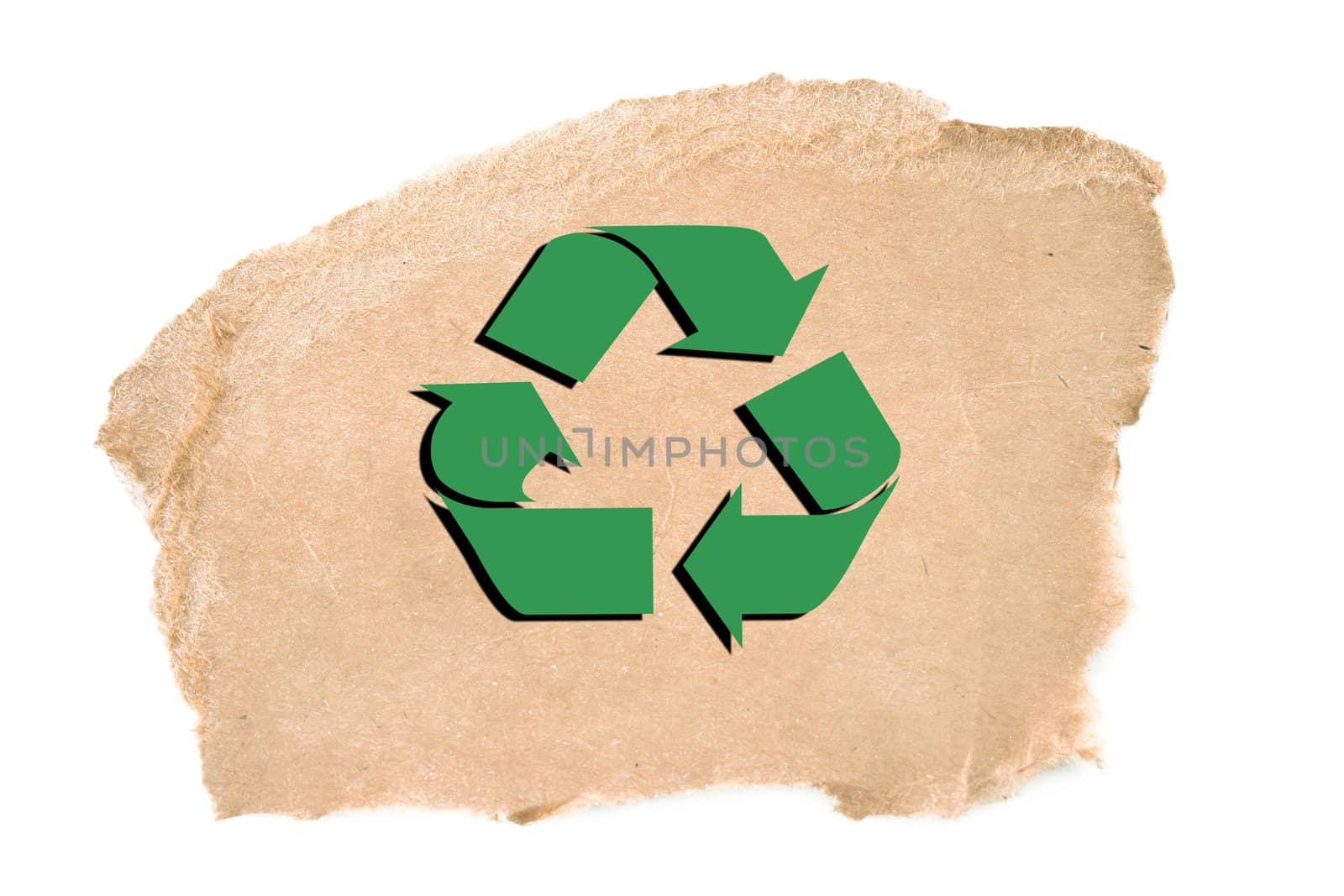 Torn corrugated cardboard on white background with a recycle symbol.