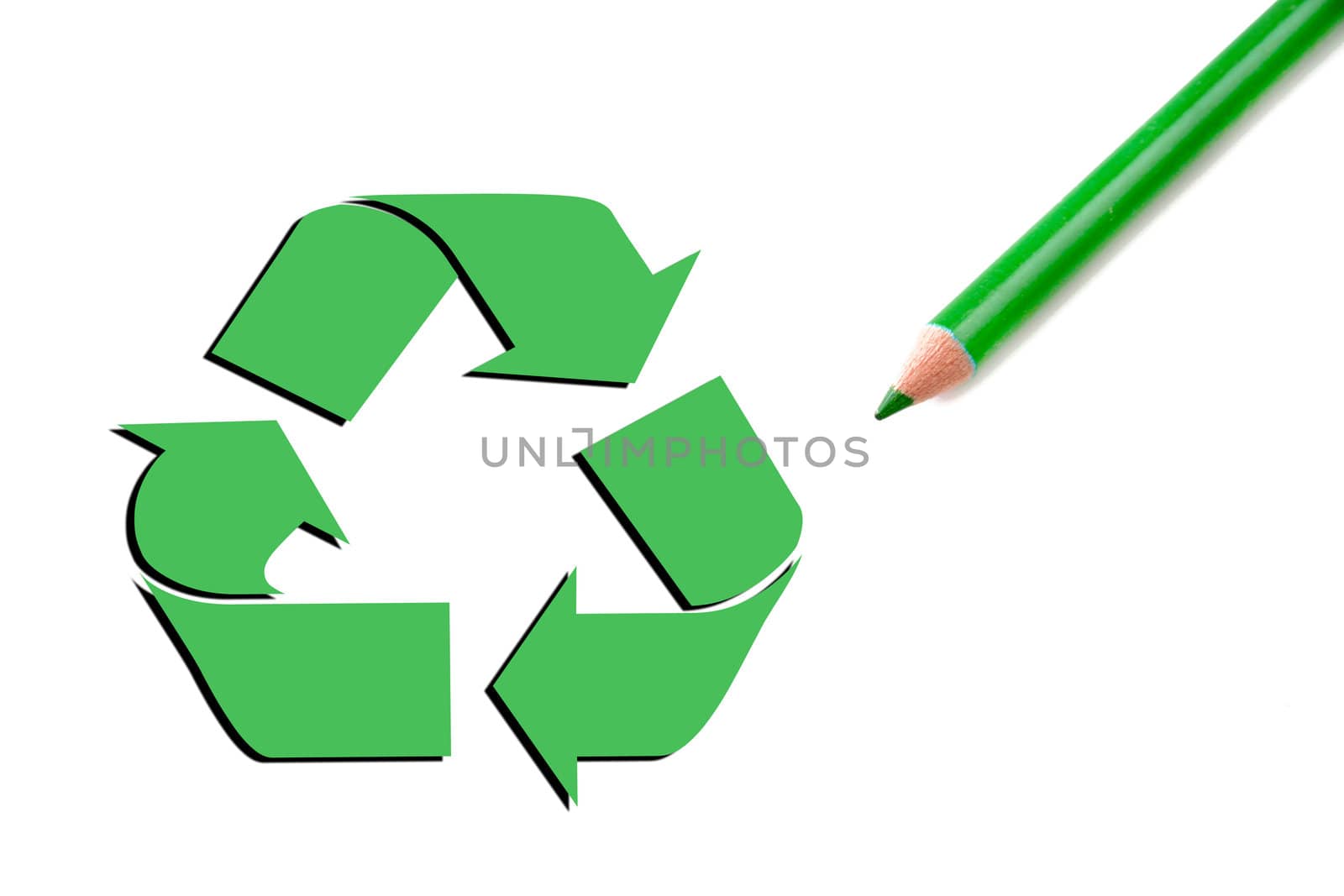 Recycle symbol along with a green pencil with shadow.  Concept of a cleaner Earth.  Room also avaiable for copy space.