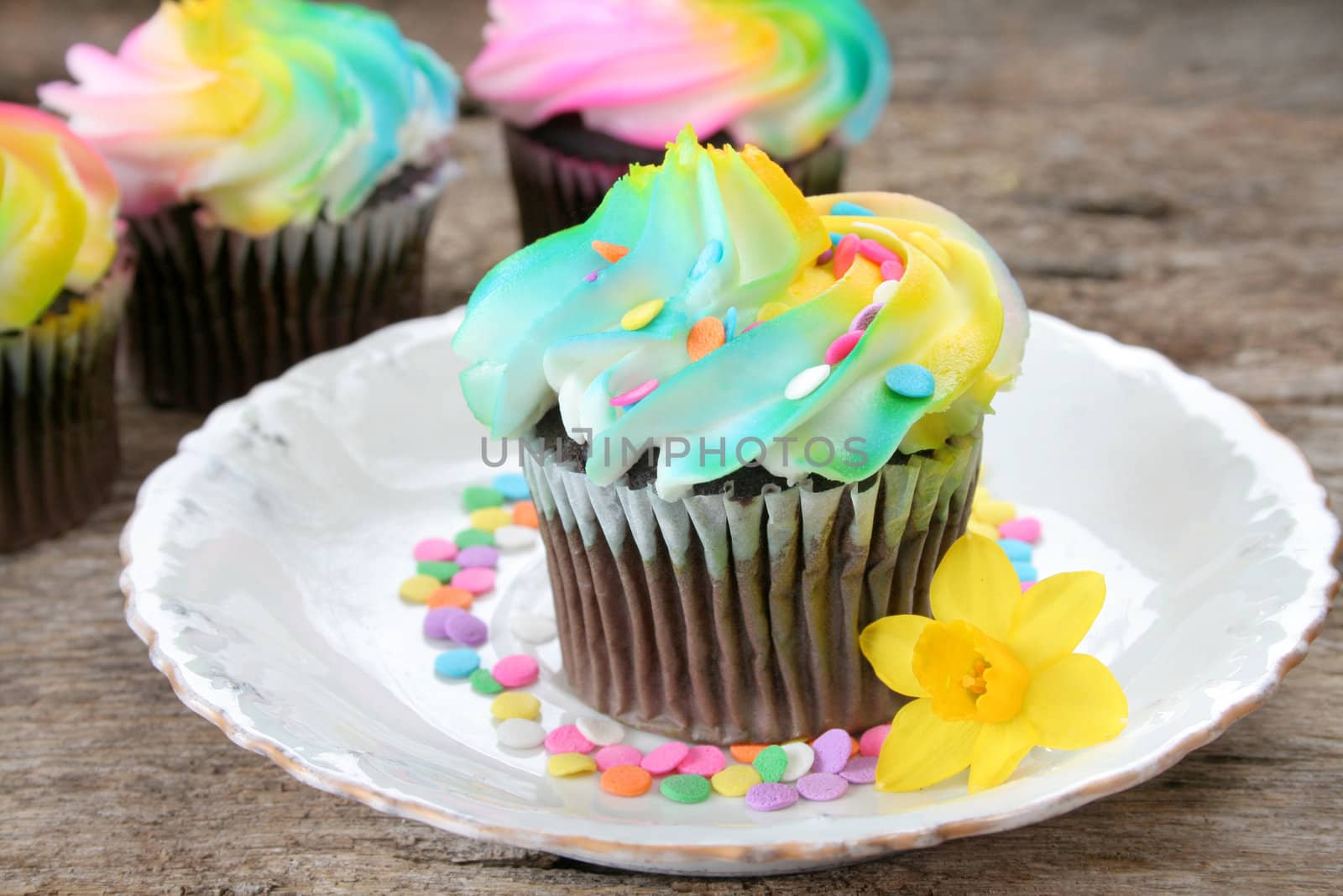 Chocolate cup cakes with sprinkles and a spring flower on the side.