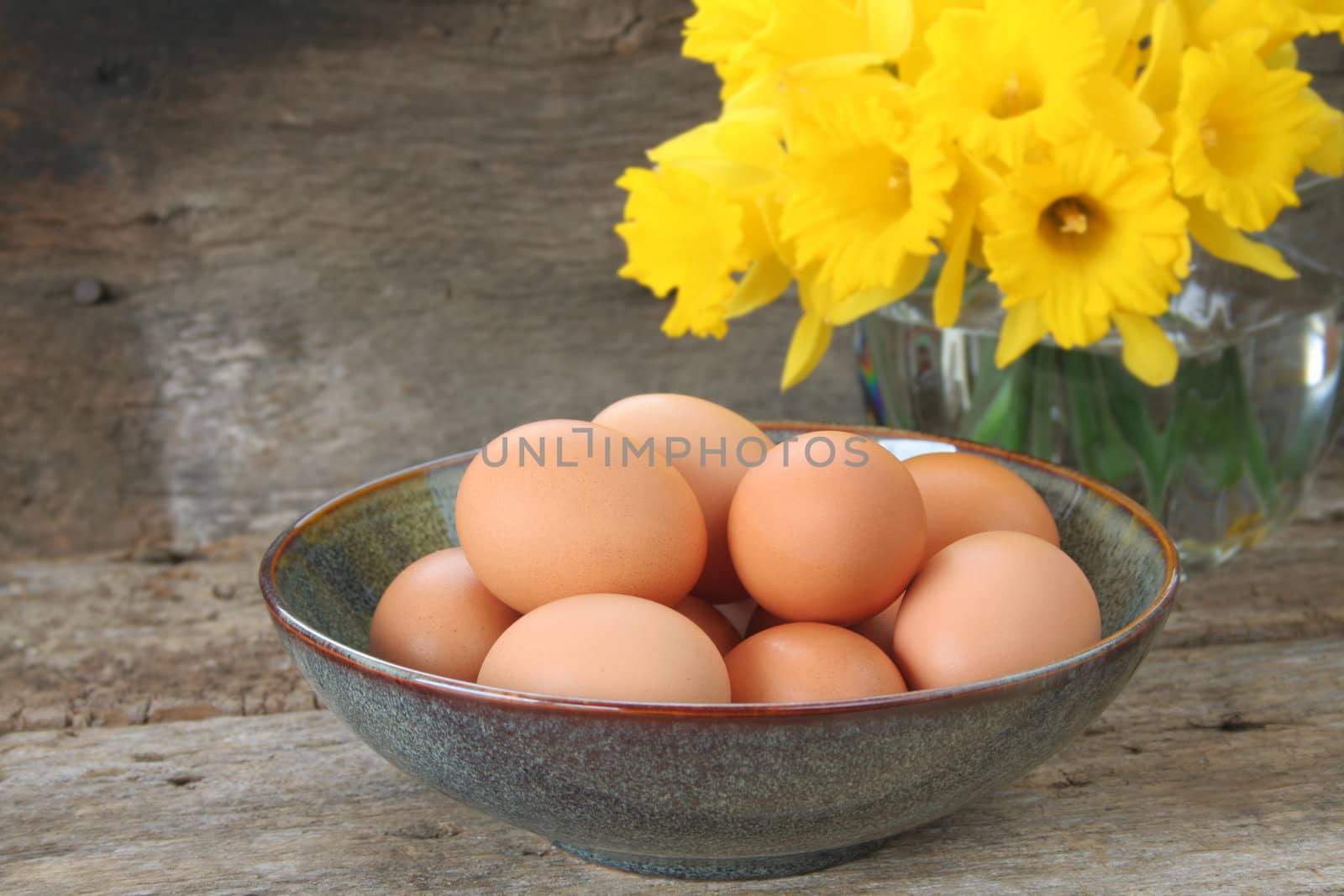 Bowl of brown eggs ready to be cooked or colored for Easter.  An arrangement of daffodils in the background and room for copy space.