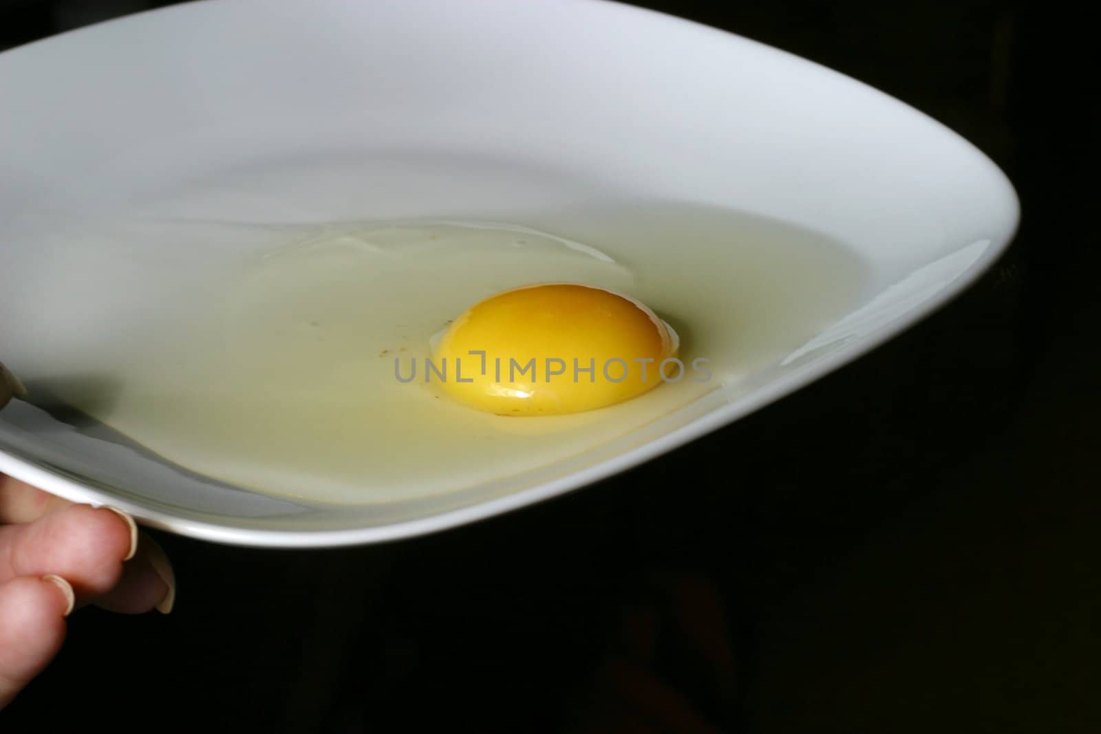 Crude egg on a white plate on a black background