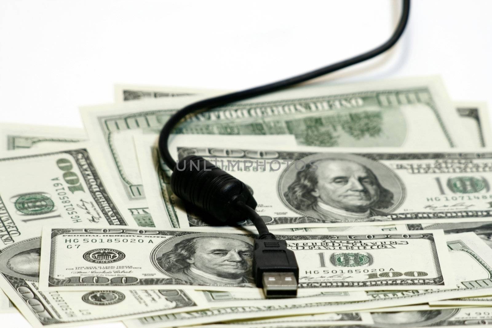 USB lied on hundred dollar bill concept
