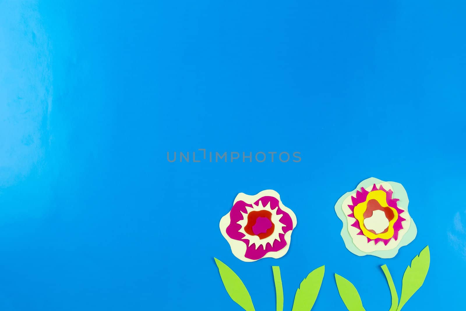 colored paper flowers on blue background