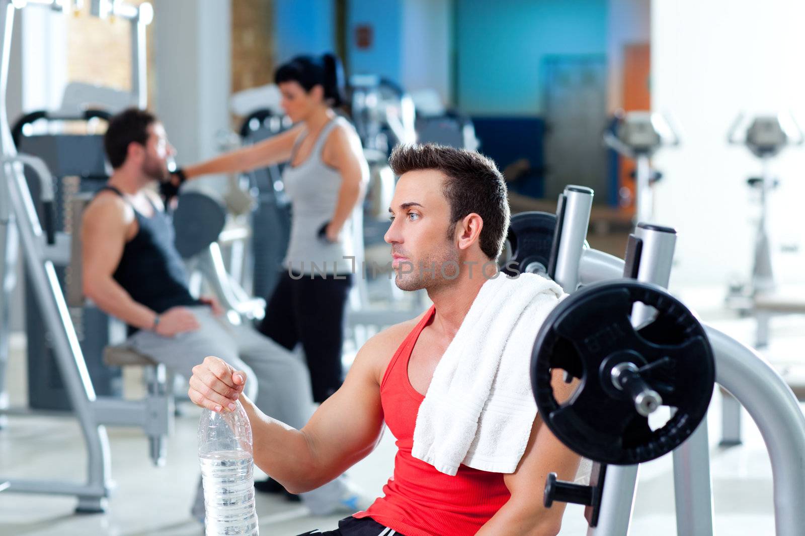 man relaxed on gym after fitness sport training by lunamarina