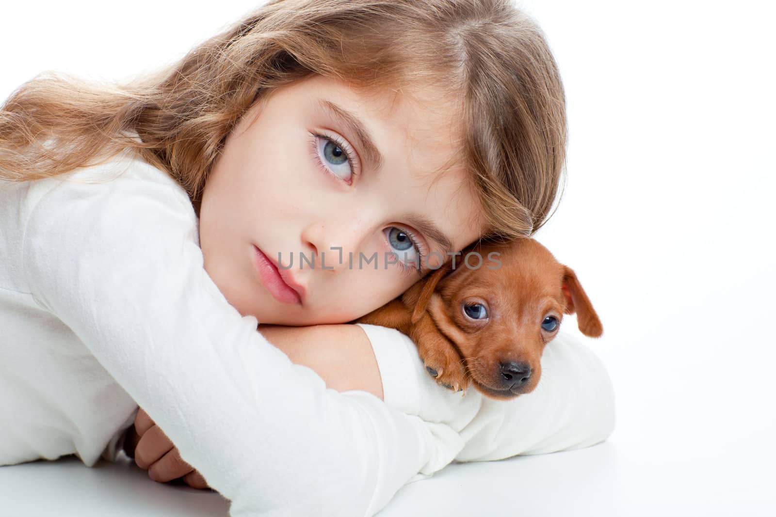 brunette kid girl with mini pinscher pet mascot dog on white background