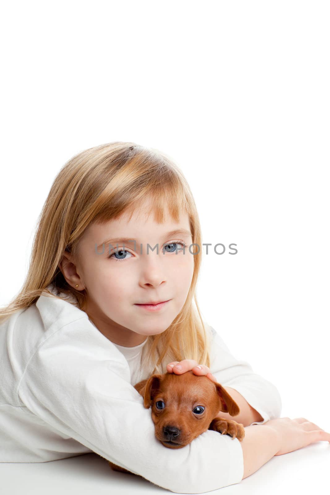 blond kid girl with mini pinscher pet mascot dog on white background