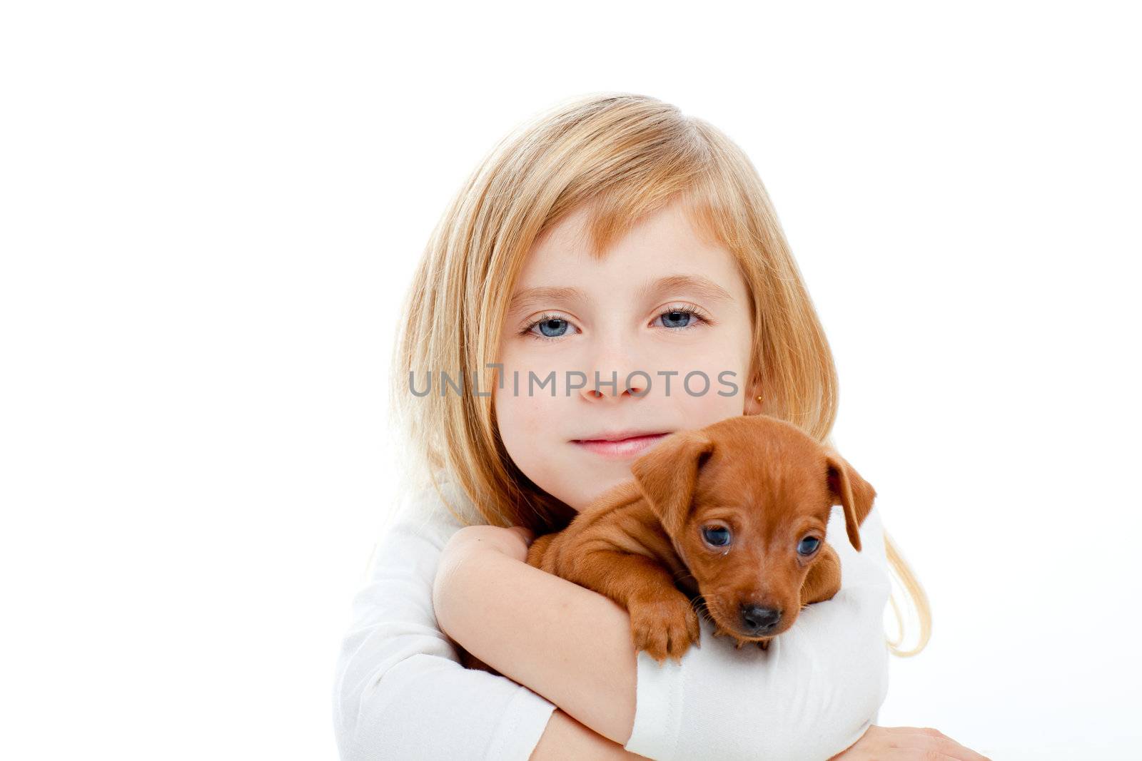 Blond children girl with dog puppy mascot mini pinscher on white background