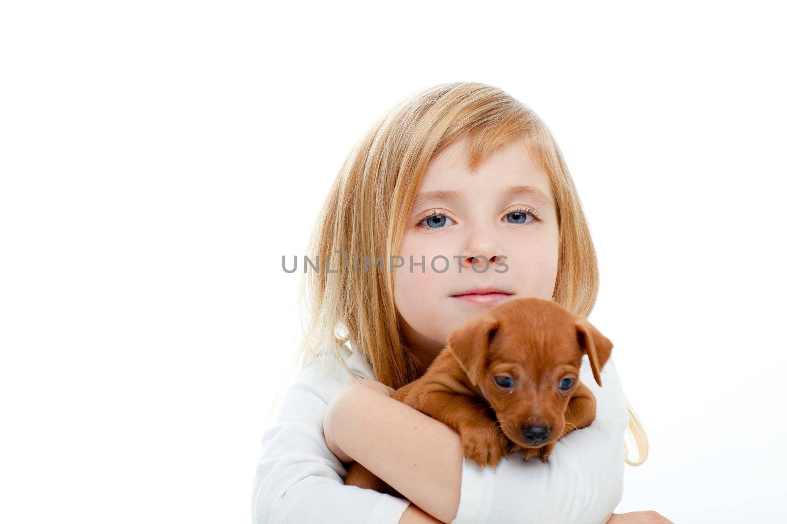 Blond children girl with dog puppy mascot mini pinscher on white background