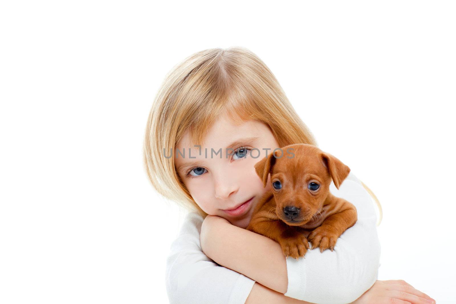 Blond children girl with dog puppy mascot mini pinscher on white background
