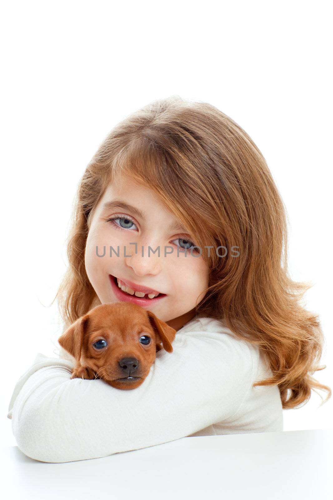 Brunette kid girl with puppy dog mascot mini pinscher on white background