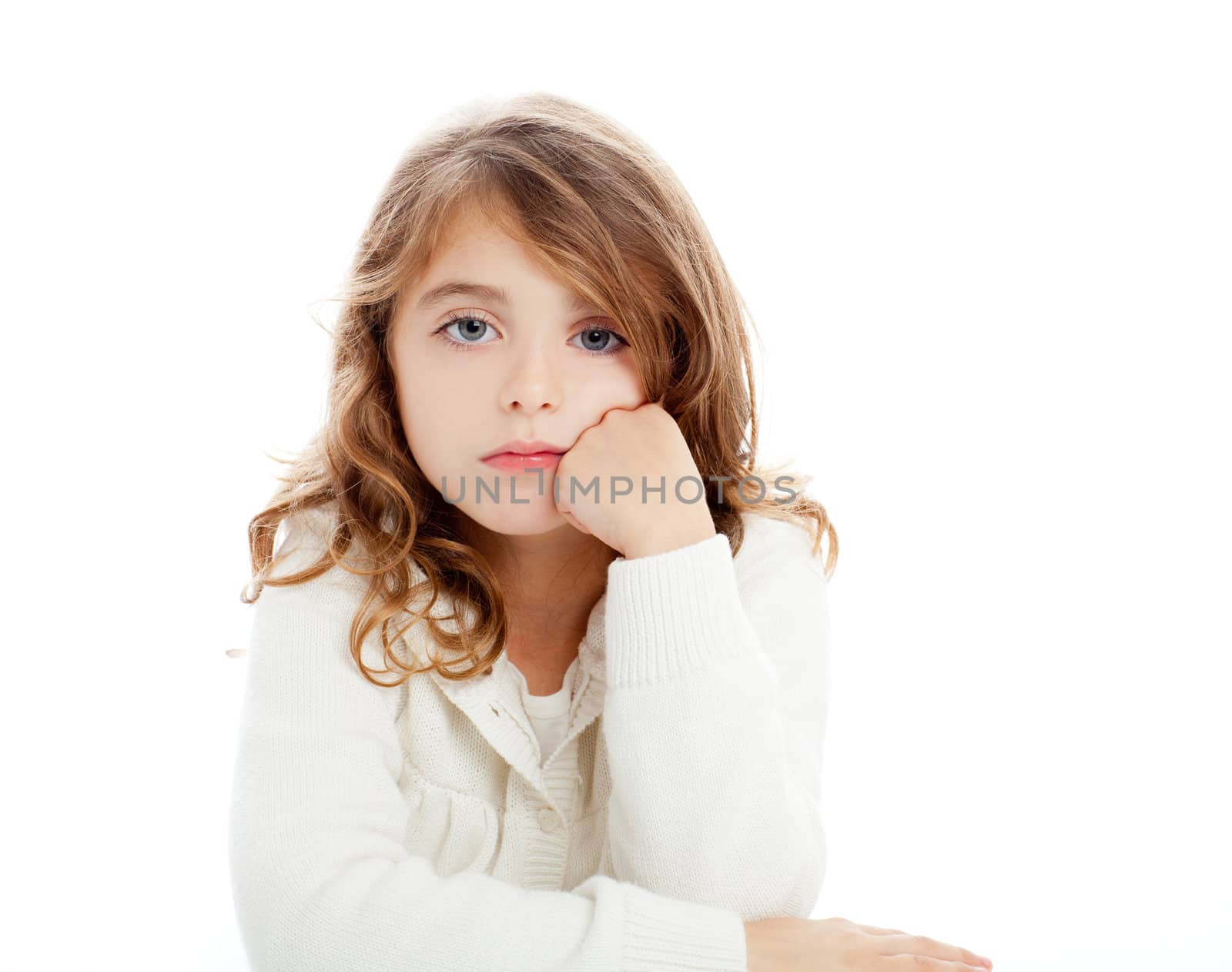 brunette kid girl portrait on white desk table isolated studio background